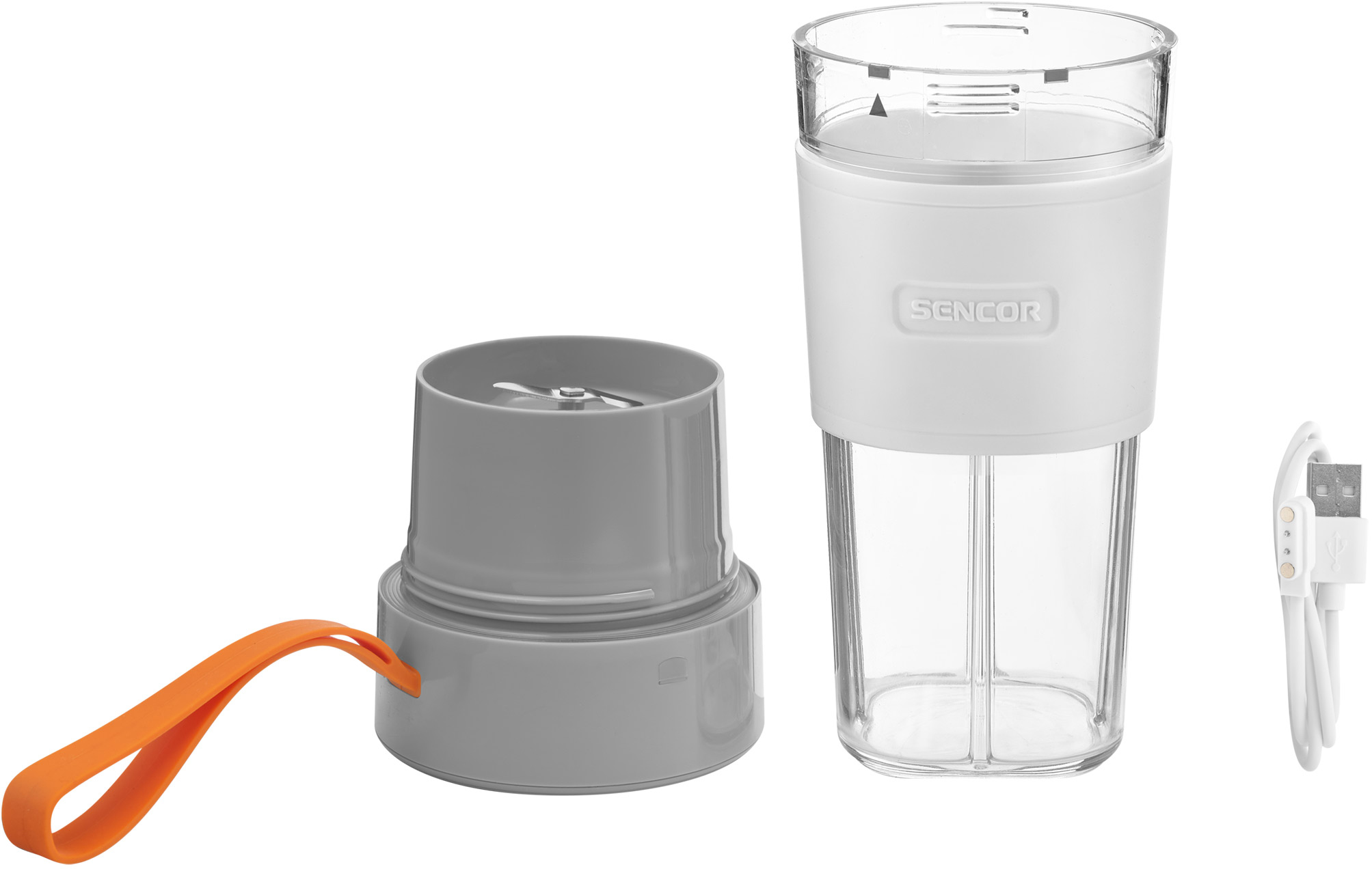 Frullatore portatile bianco e grigio smontato con accessori, incluso un cavo USB.