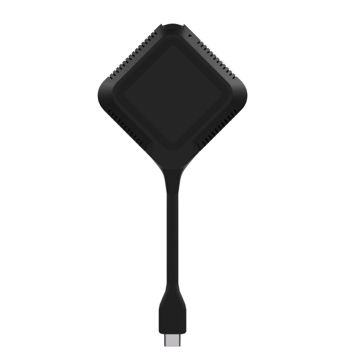 Zwarte USB-C-adapter. Diamantvormig, met een kabelsteel. Witte achtergrond. Schuine weergave.