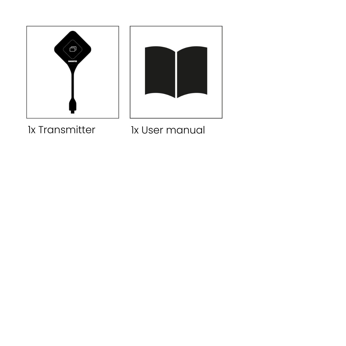 Twee zwart-wit diagrammen: een zender en een gebruikershandleiding. Beide zijn in zwart-wit.