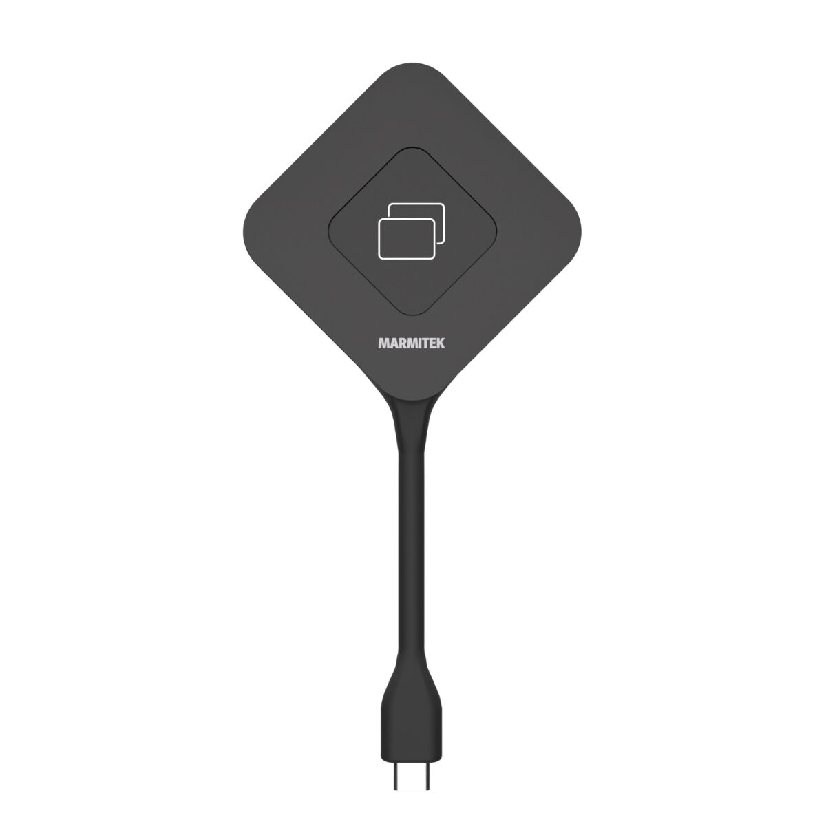 Een donkergrijs, ruitvormig apparaat met een kaartpictogram, een lange zwarte kabel en connectoren.