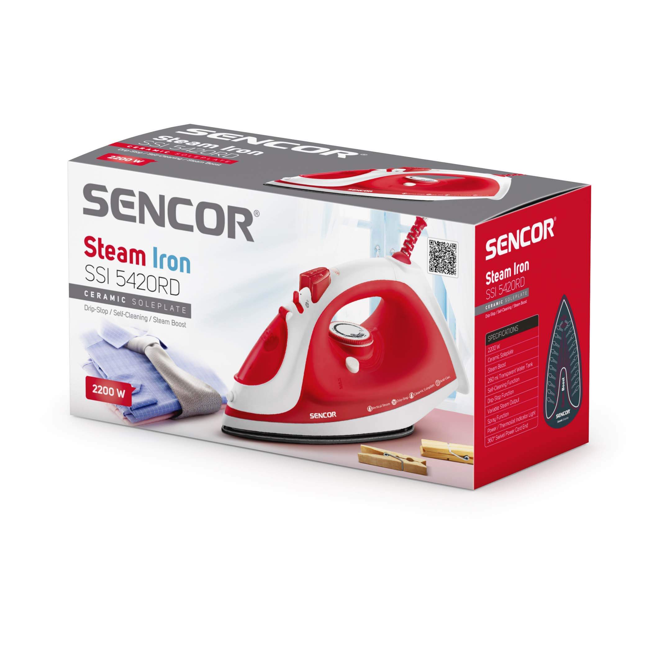 Una scatola di ferro da stiro a vapore SENCOR con un ferro rosso e bianco, con vestiti e una clip.