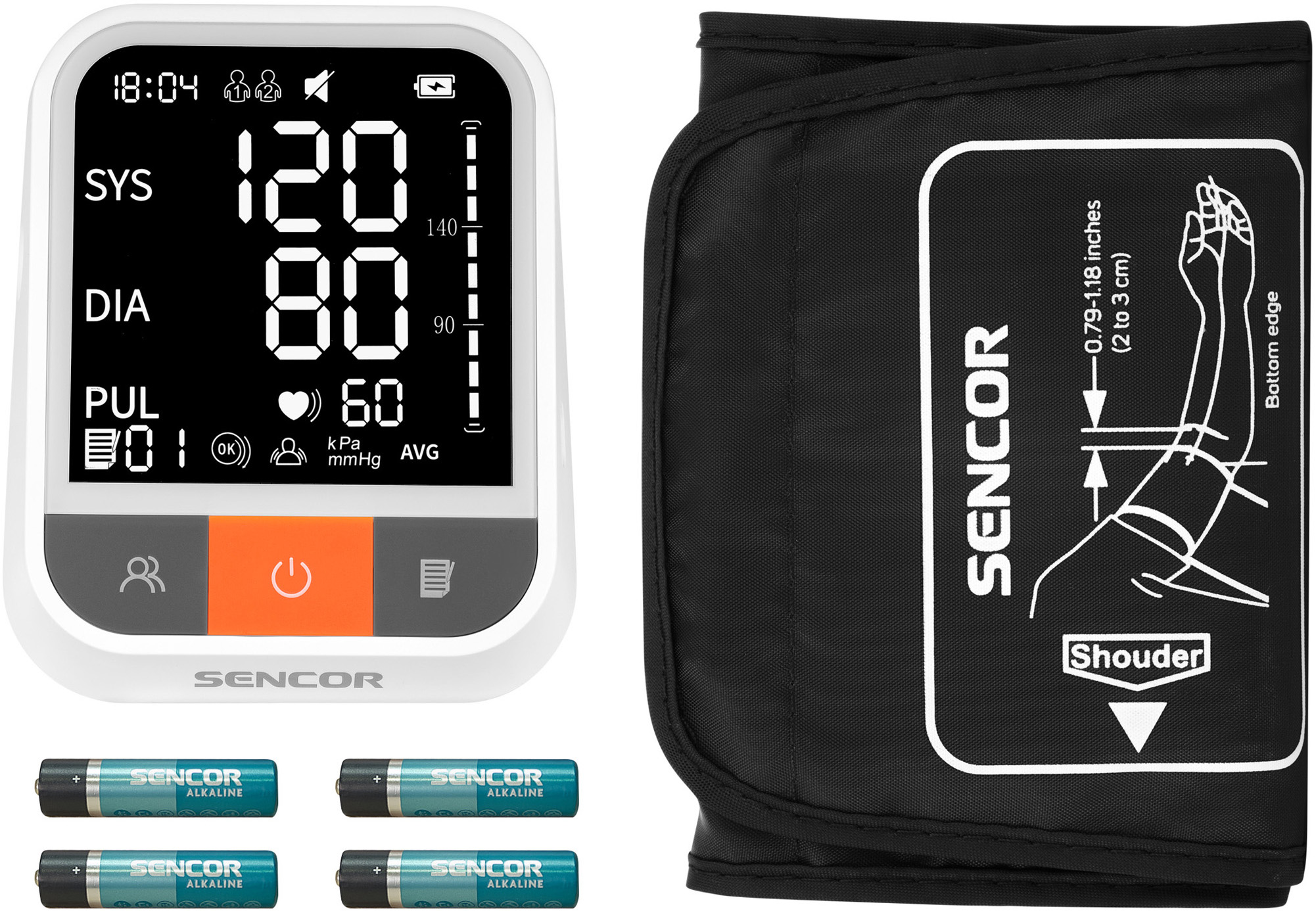 Misuratore di pressione con display, bracciale e batterie.