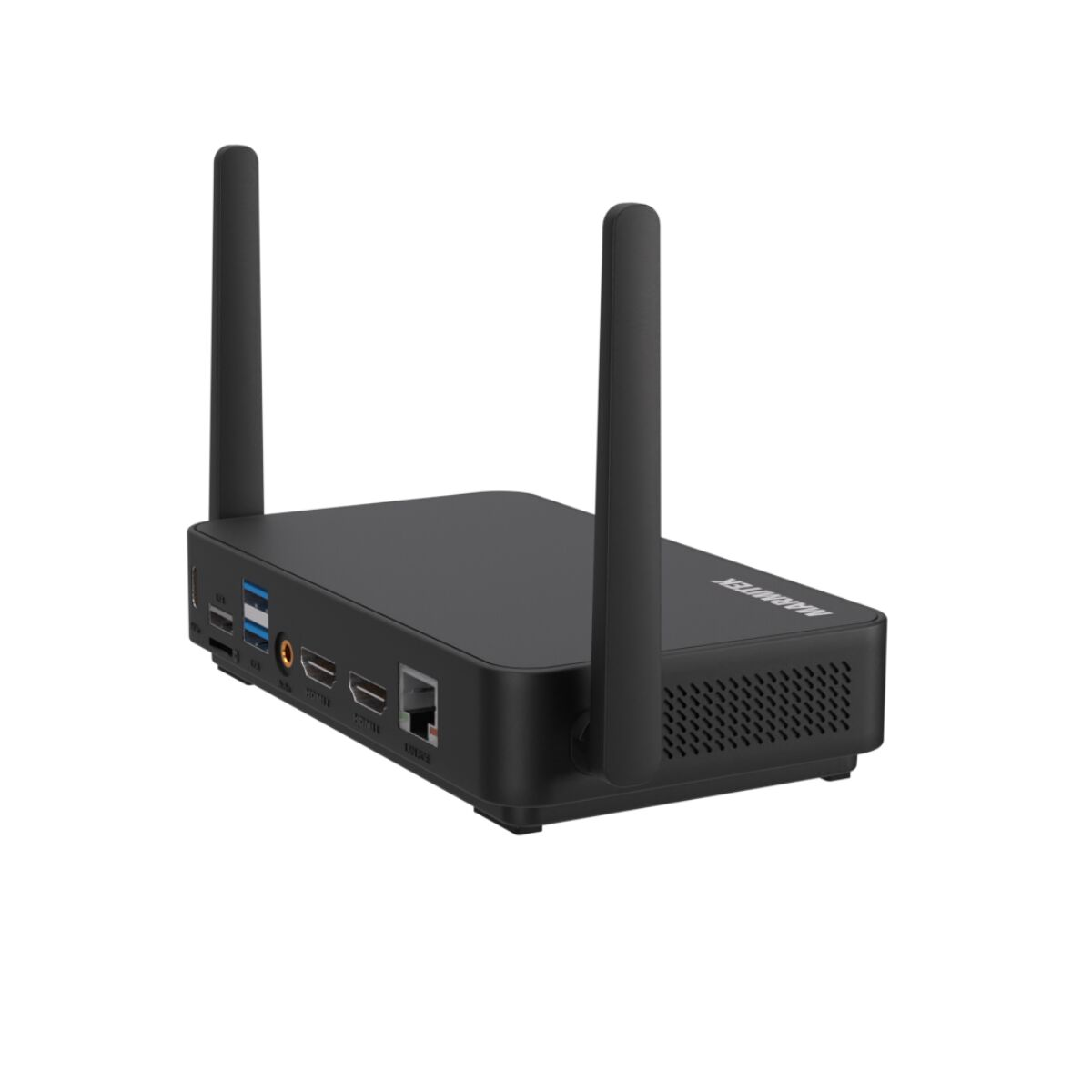 Router nero con antenne. Colori nero e grigio. Sfondo bianco.