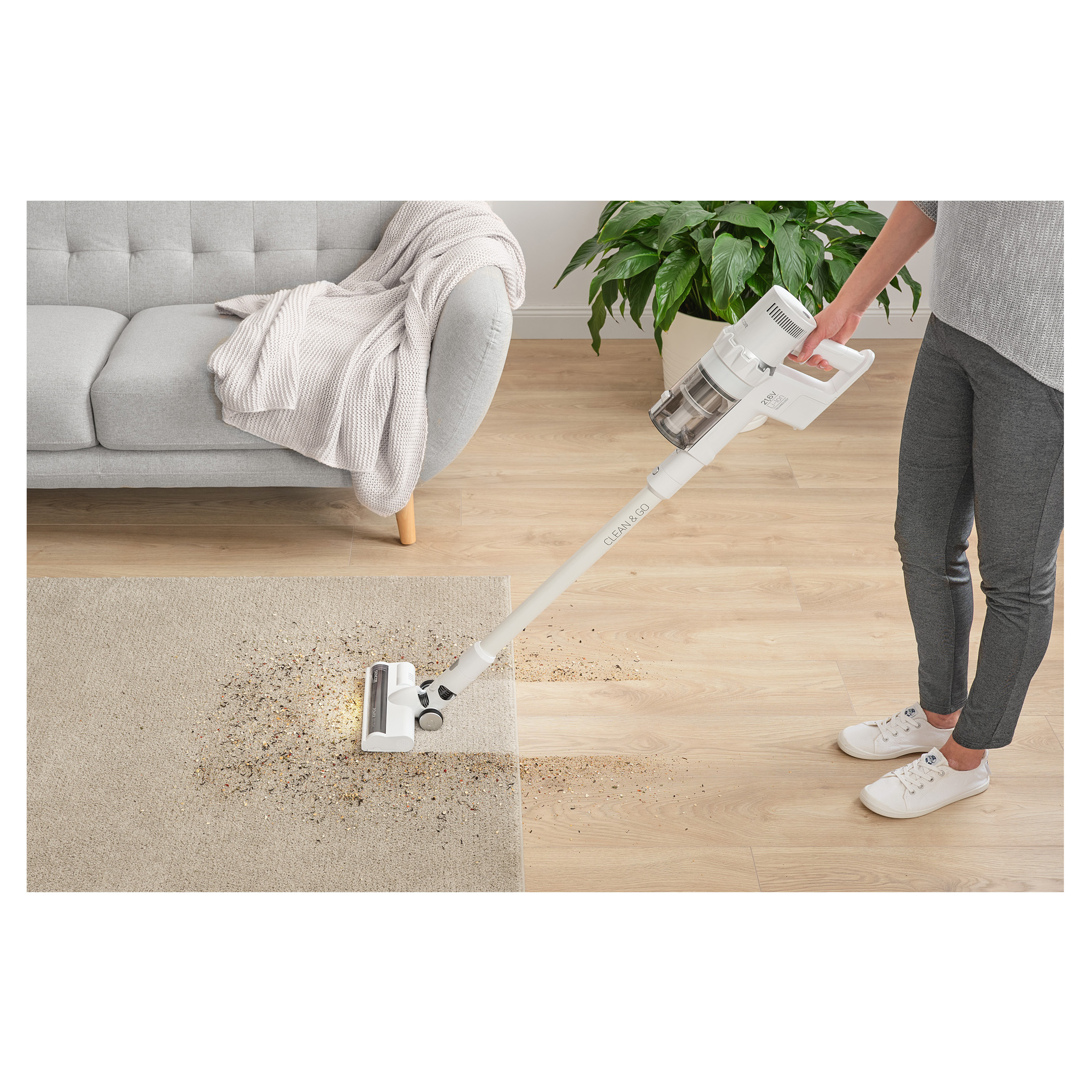 Persona che aspira il tappeto. Tappeto beige, pavimento in legno, divano e pianta.