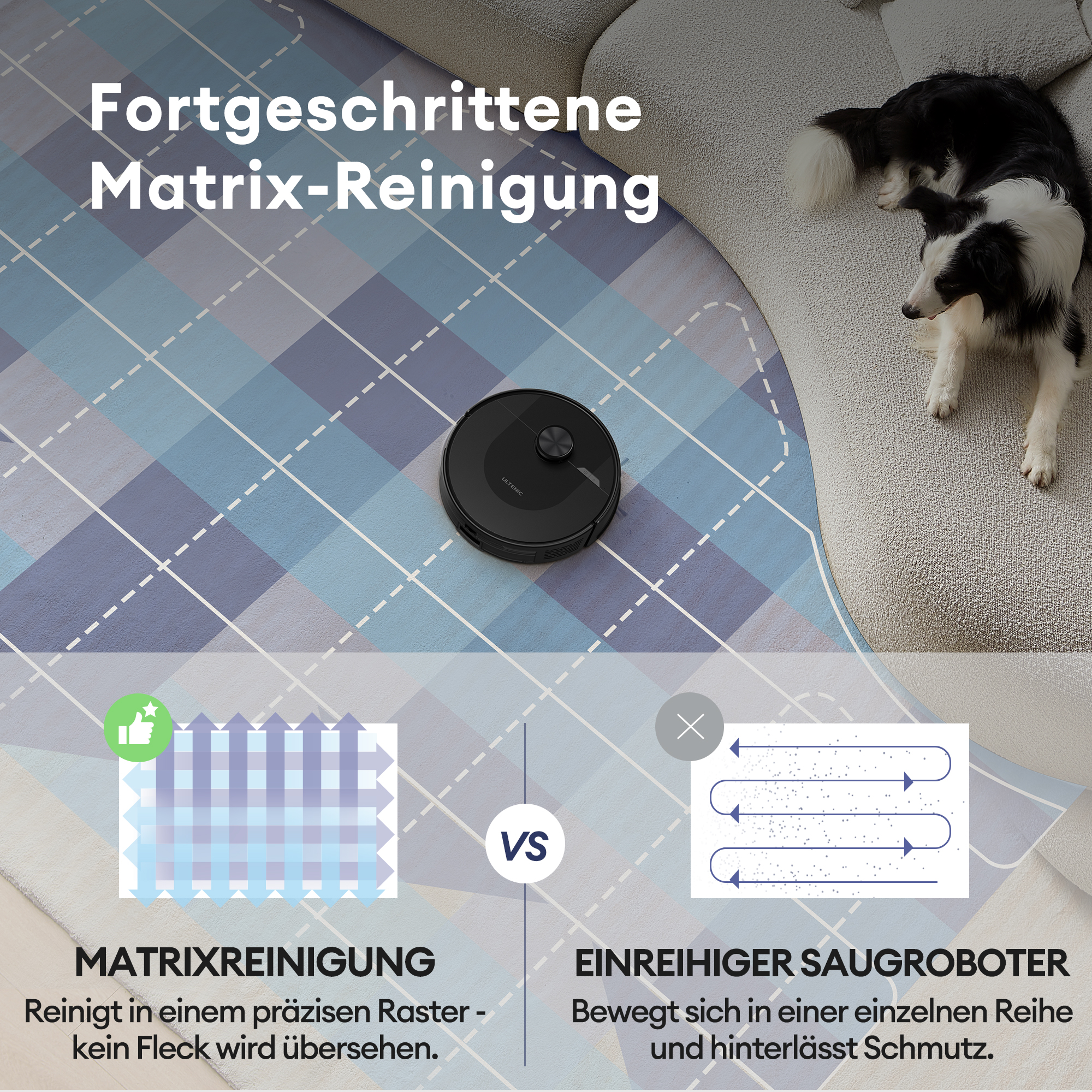 Roboter-Staubsauger auf einem blau-weiß gemusterten Teppich, verglichen mit einem Einreihigen.