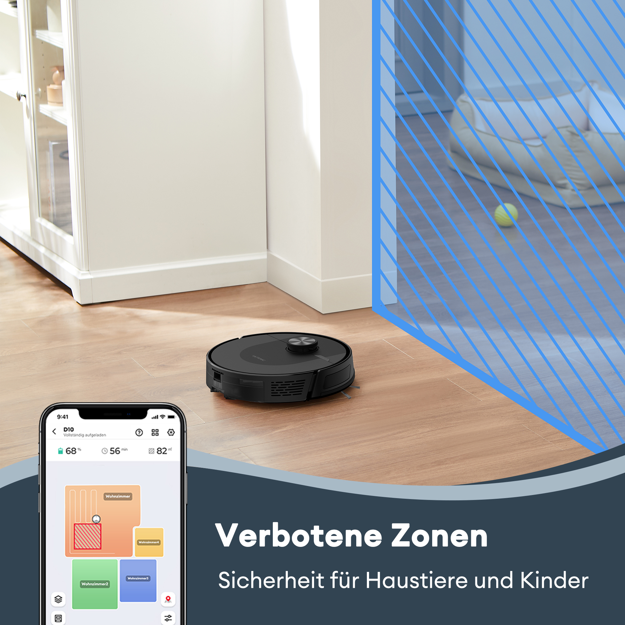 Schwarzer Roboter-Staubsauger auf Holzboden. Ein Telefon zeigt eine Karte des gereinigten Bereichs.
