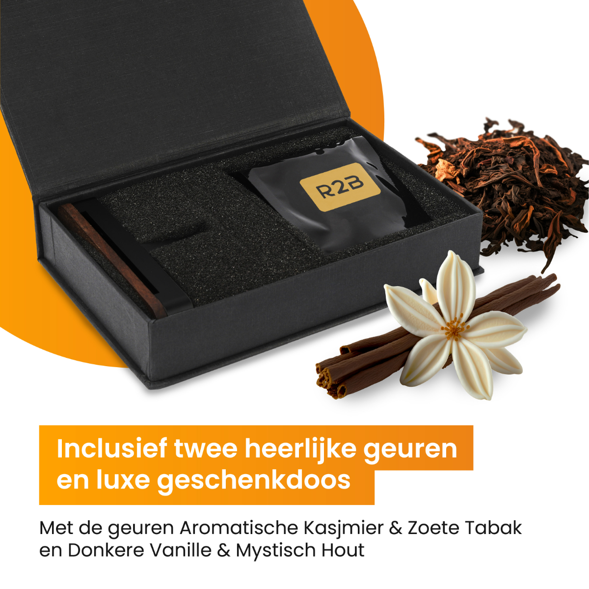 A black box with a gift set inside. Includes a pouch with 'R2B' and cinnamon sticks.