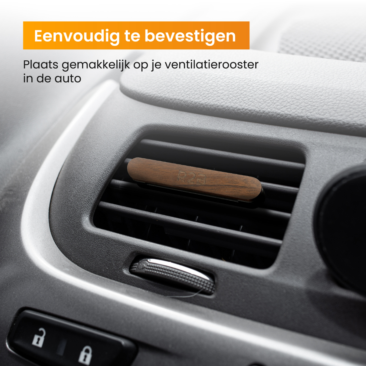 Wooden car air freshener attached to a car vent. Text: Easy to attach. Simple design. Gray dashboard.