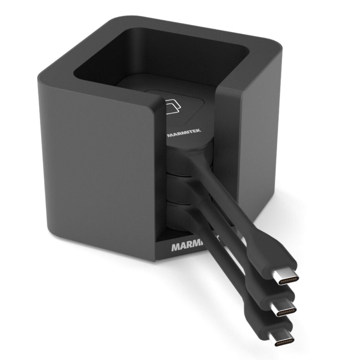 A black charging station. Three charging cables emerge from the top.