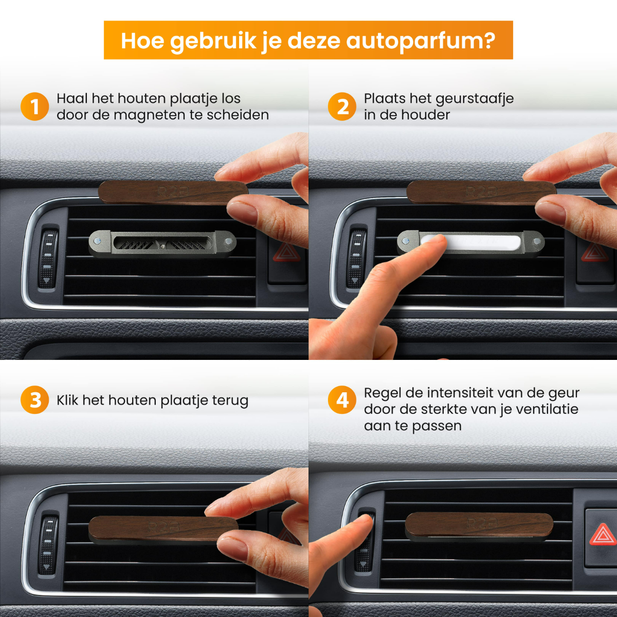Instructions on using car air freshener. Hands are shown in the steps of how to use the product.