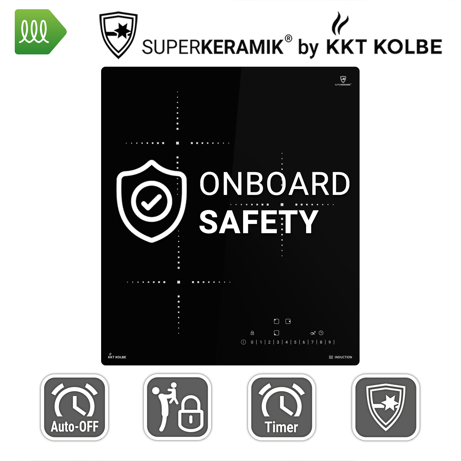 Piano cottura a induzione nero con testo Onboard Safety e icone di sicurezza.