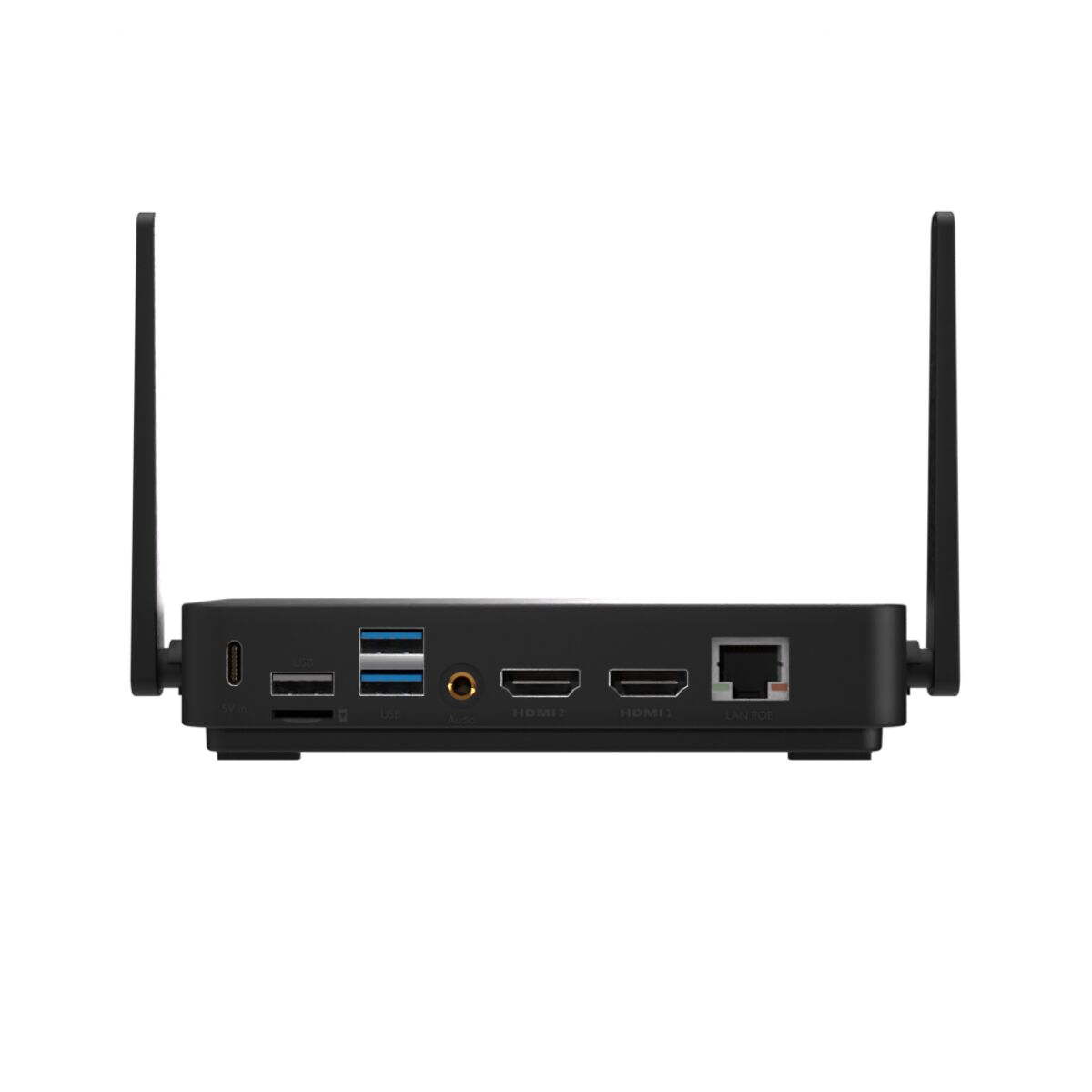 Un dispositivo nero con antenne, porte e connessioni. Si trova su una superficie bianca.