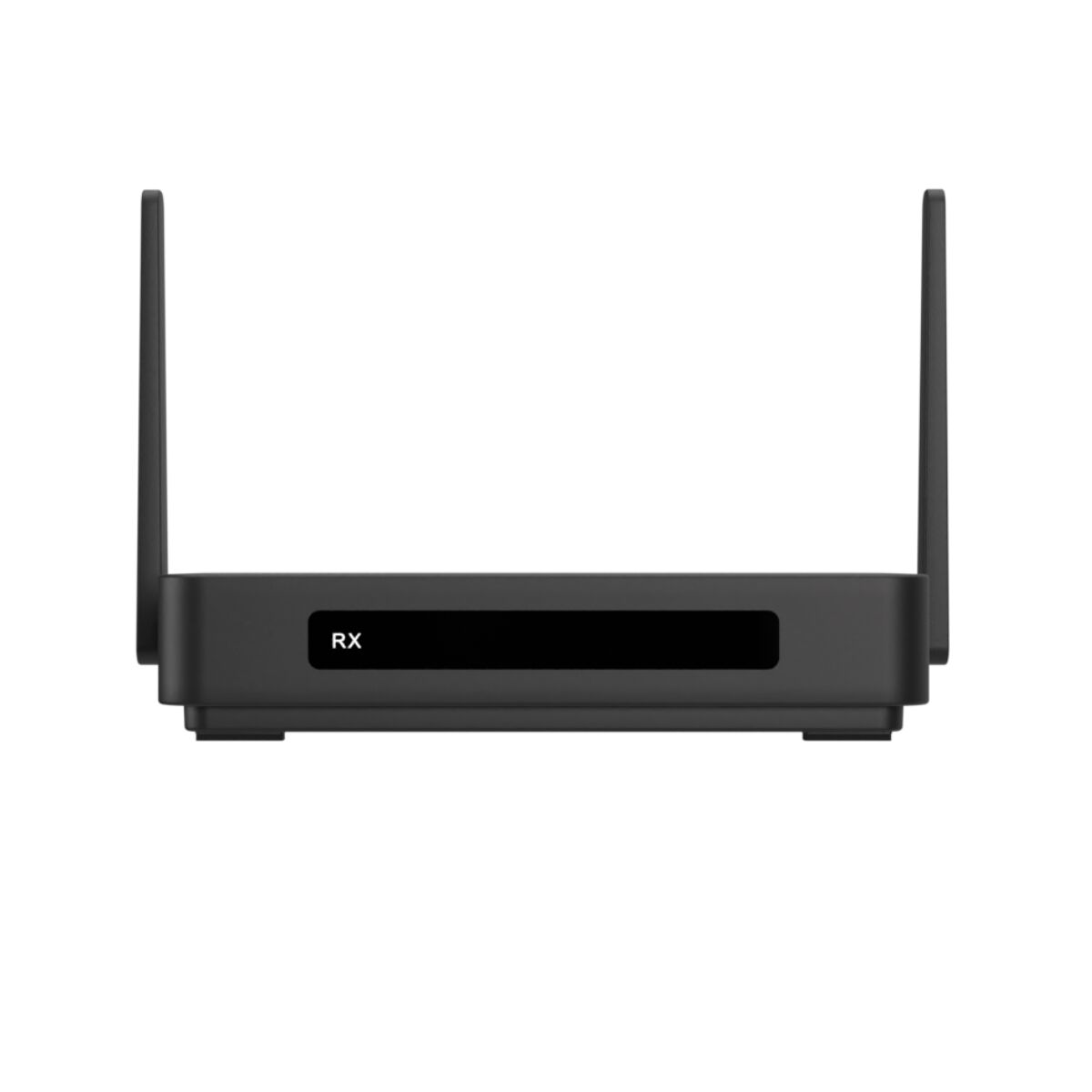 Un router nero con due antenne in piedi. La parola RX è sulla parte anteriore del router.