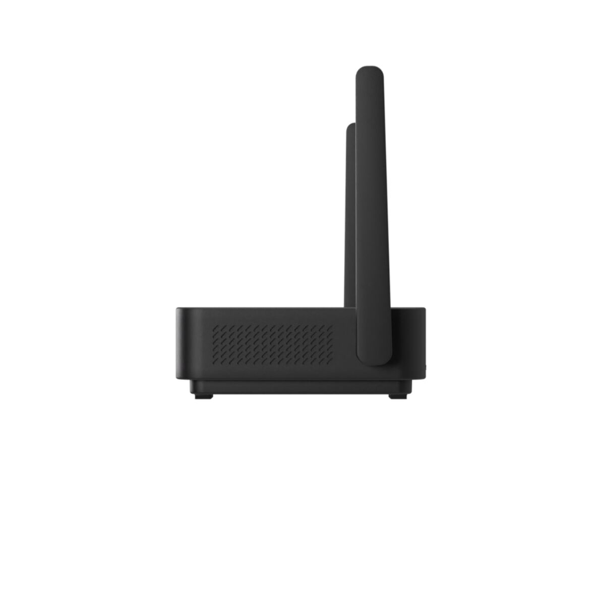 Router nero con due antenne. Sfondo bianco.