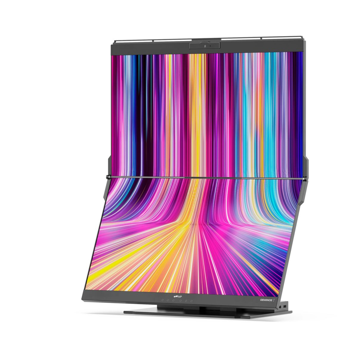 Ein Dual-Screen-Monitor mit farbenfrohem Display, abgewinkelt und einer Webcam. Die Basis ist dunkelgrau.