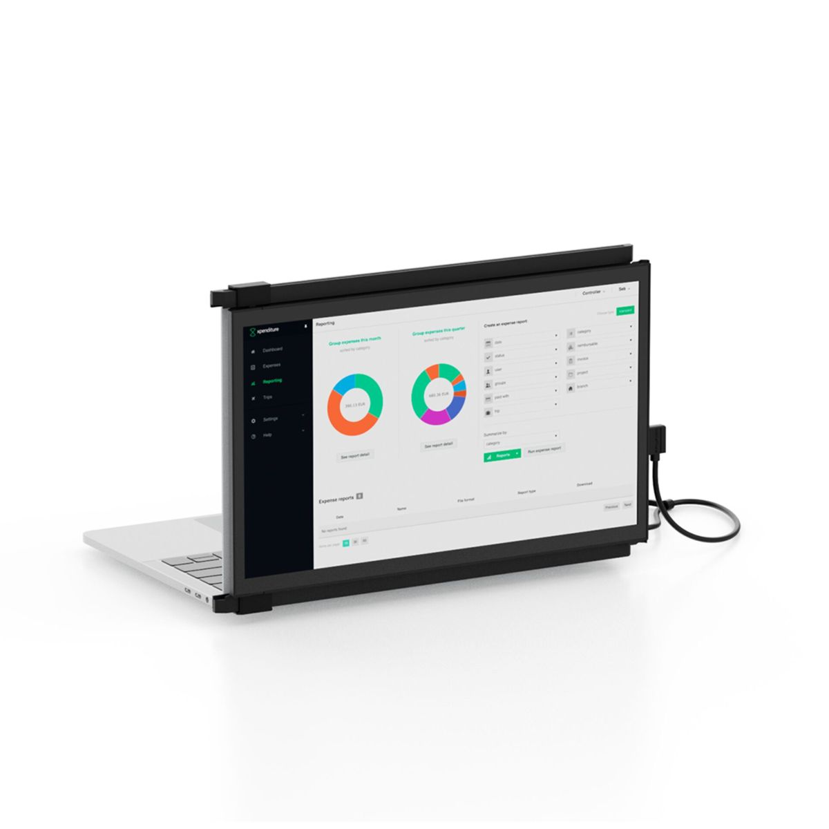 Ein Laptop mit einem zweiten Bildschirm, der eine Benutzeroberfläche mit weißem Hintergrund und farbigen Datenanzeigen zeigt.