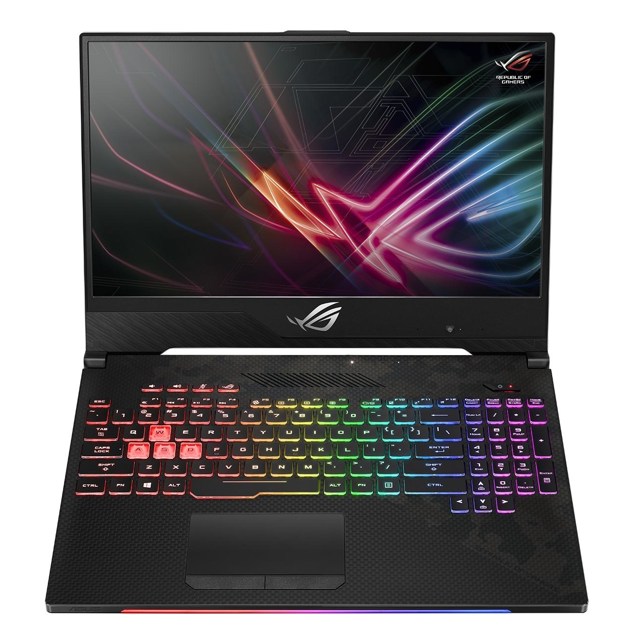 Un laptop da gioco con tastiera colorata e schermo con grafica astratta.