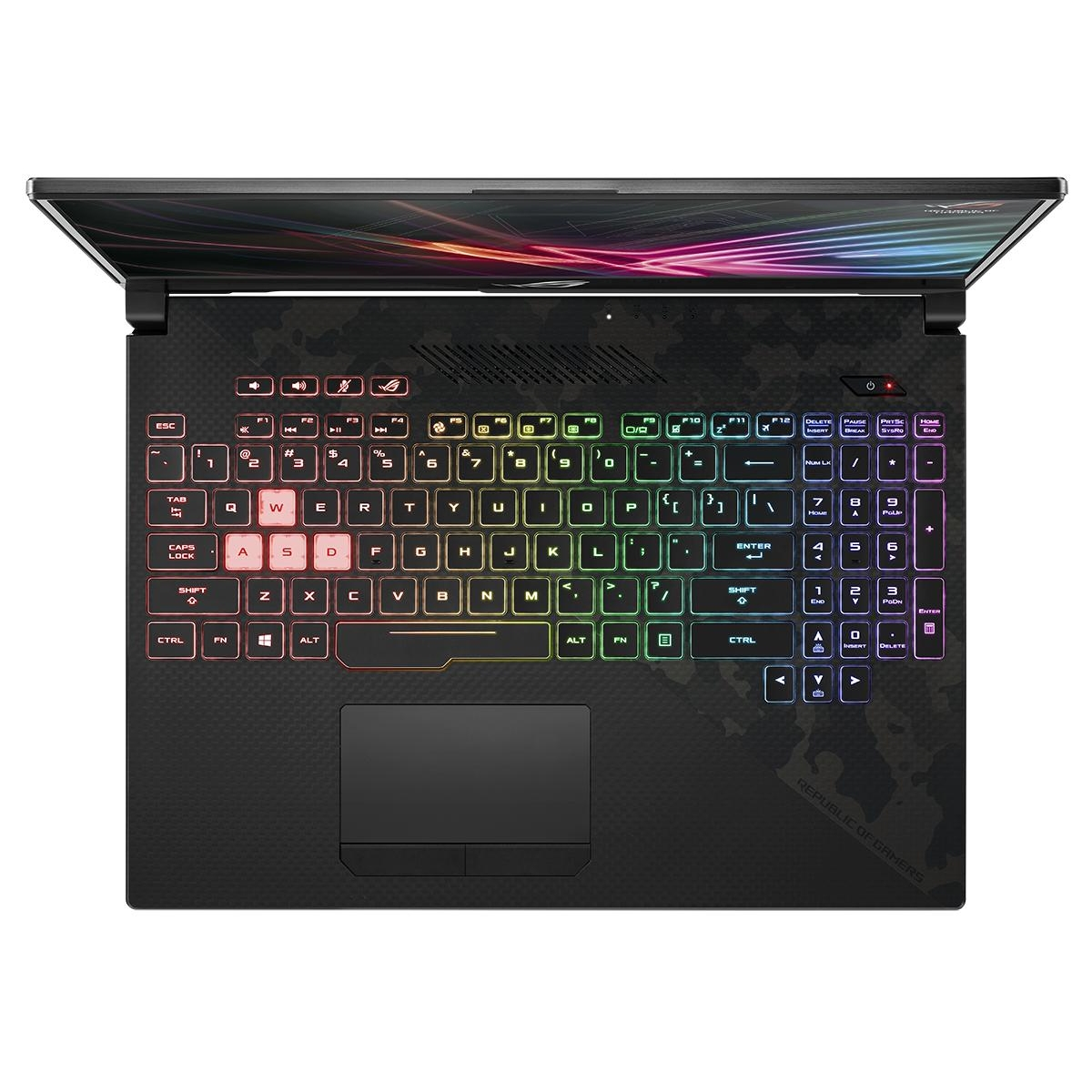 Vista dall'alto di una tastiera per laptop da gaming, con illuminazione colorata e logo Republic of Gamers.