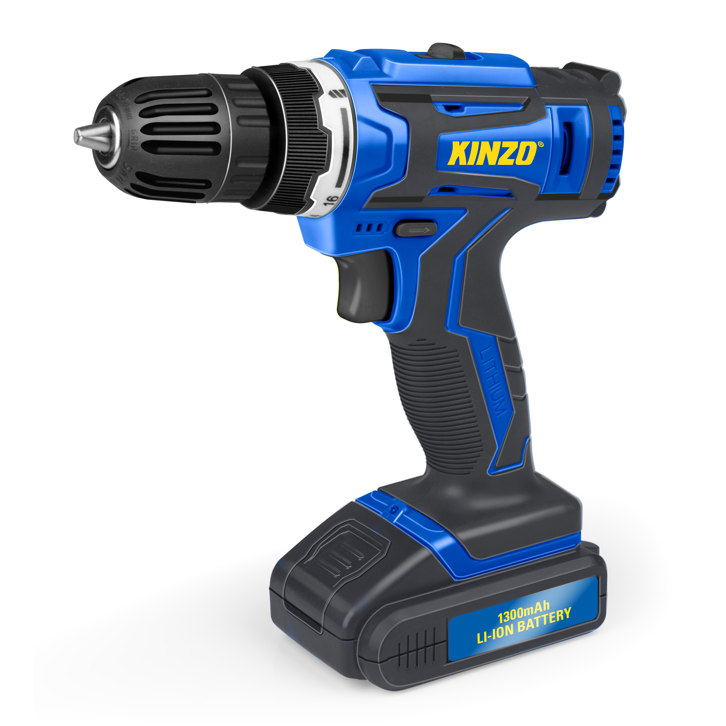 Een draadloze boor in blauw en zwart, met een zilveren boor, tegen een witte achtergrond.