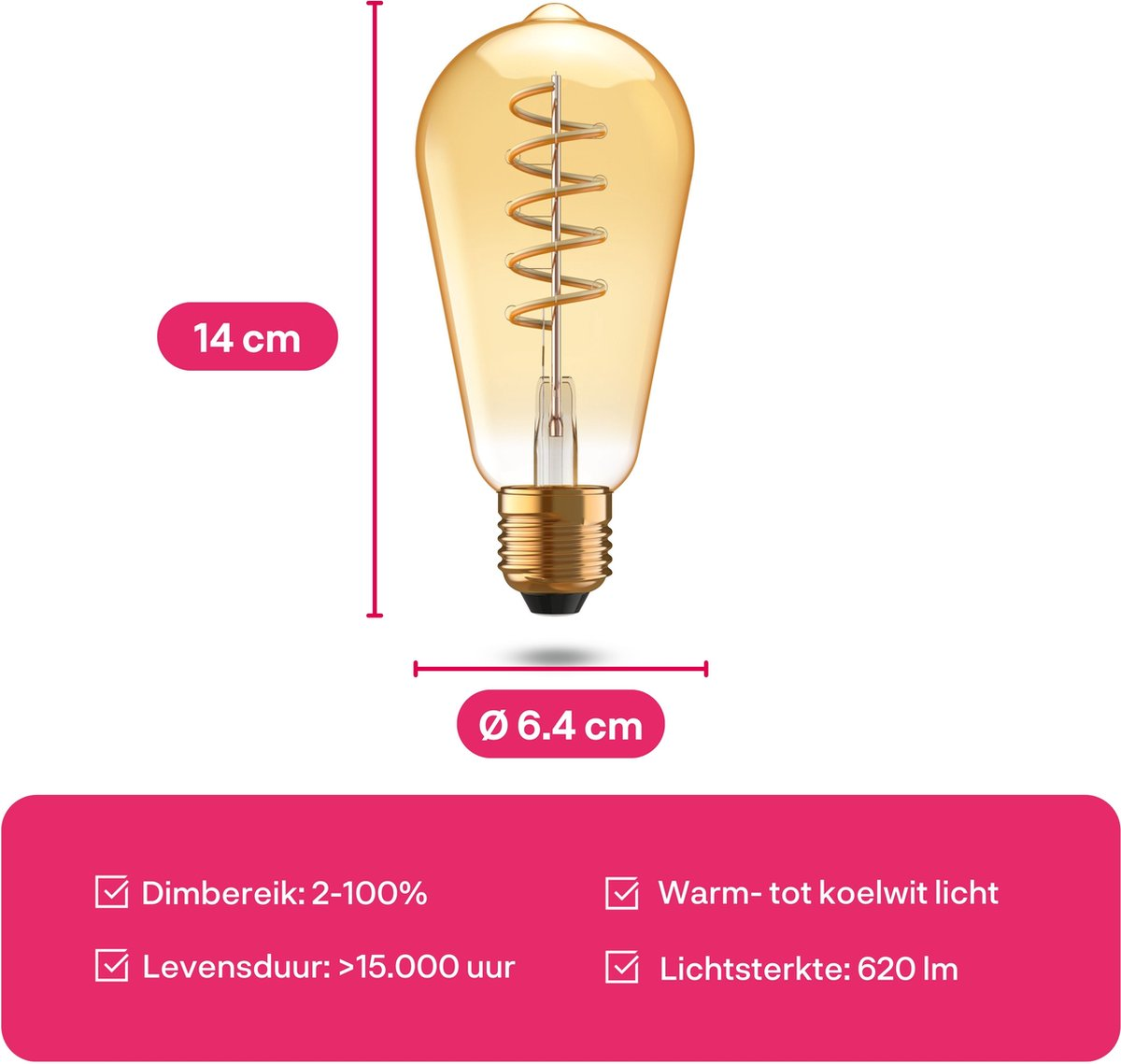 A large light bulb with measurements and text. Text: Dimmable, Warm- to cool light.