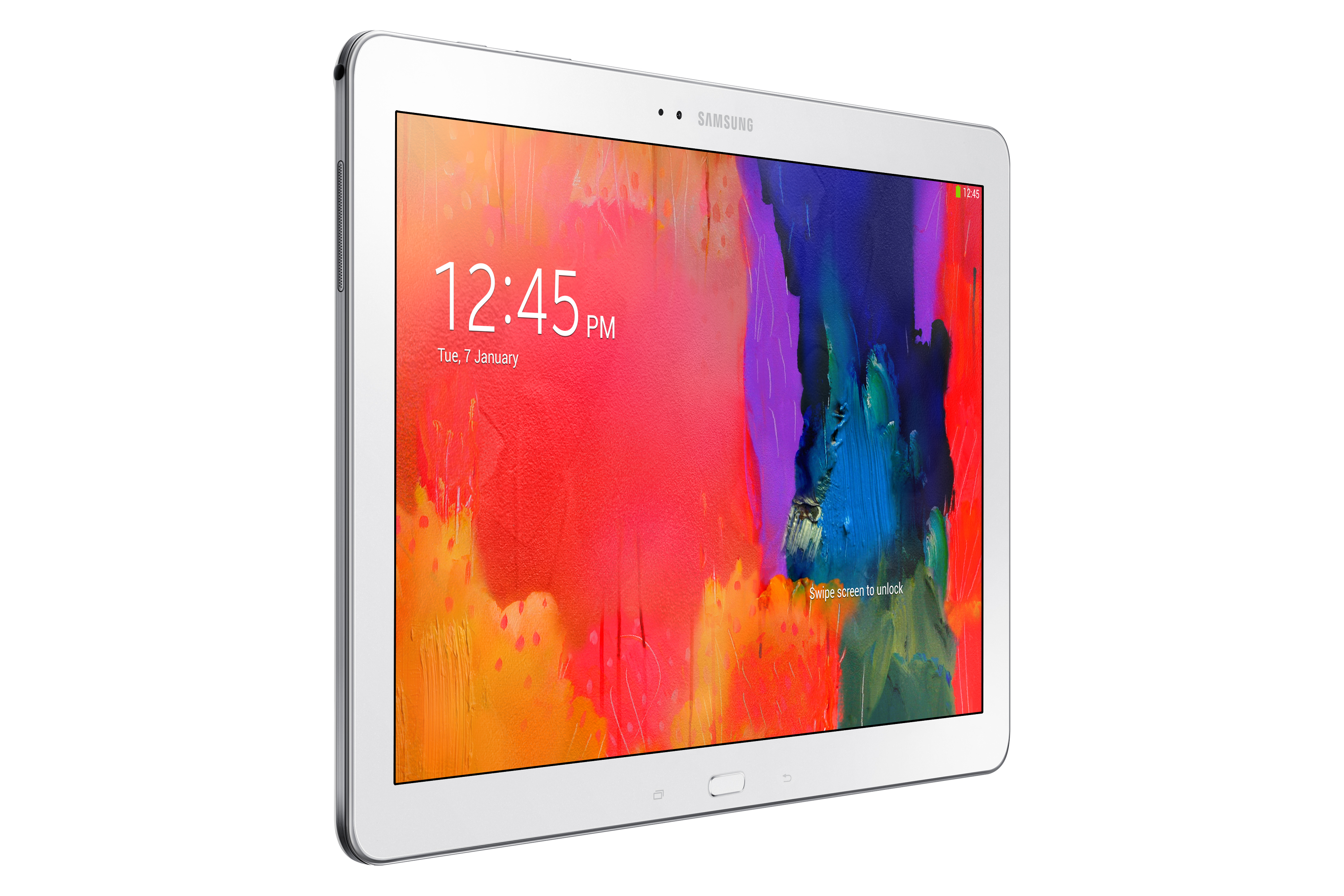 Ein silbernes Tablet zeigt ein farbenfrohes Bild eines abstrakten Gemäldes. Die Uhrzeit wird auf dem Bildschirm angezeigt.