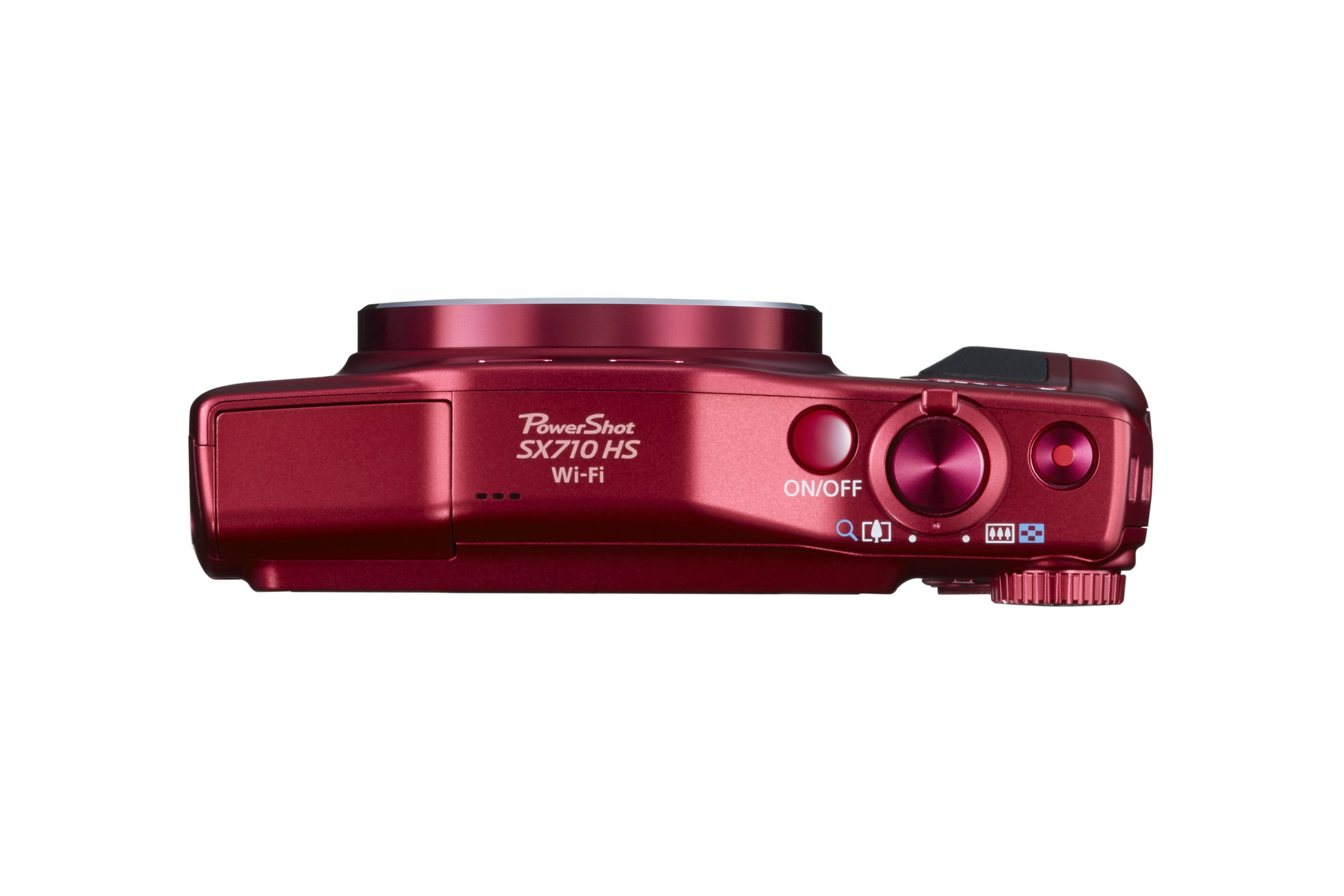 Rote Canon Kamera mit Knöpfen auf weißem Hintergrund.