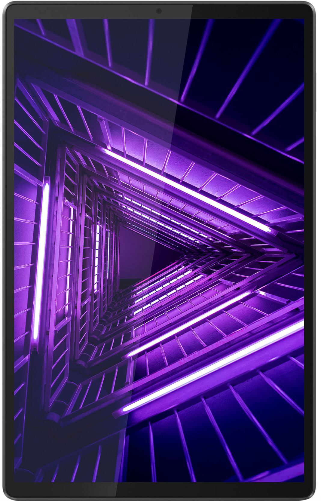 Tablet in mostra, sfondo geometrico viola.