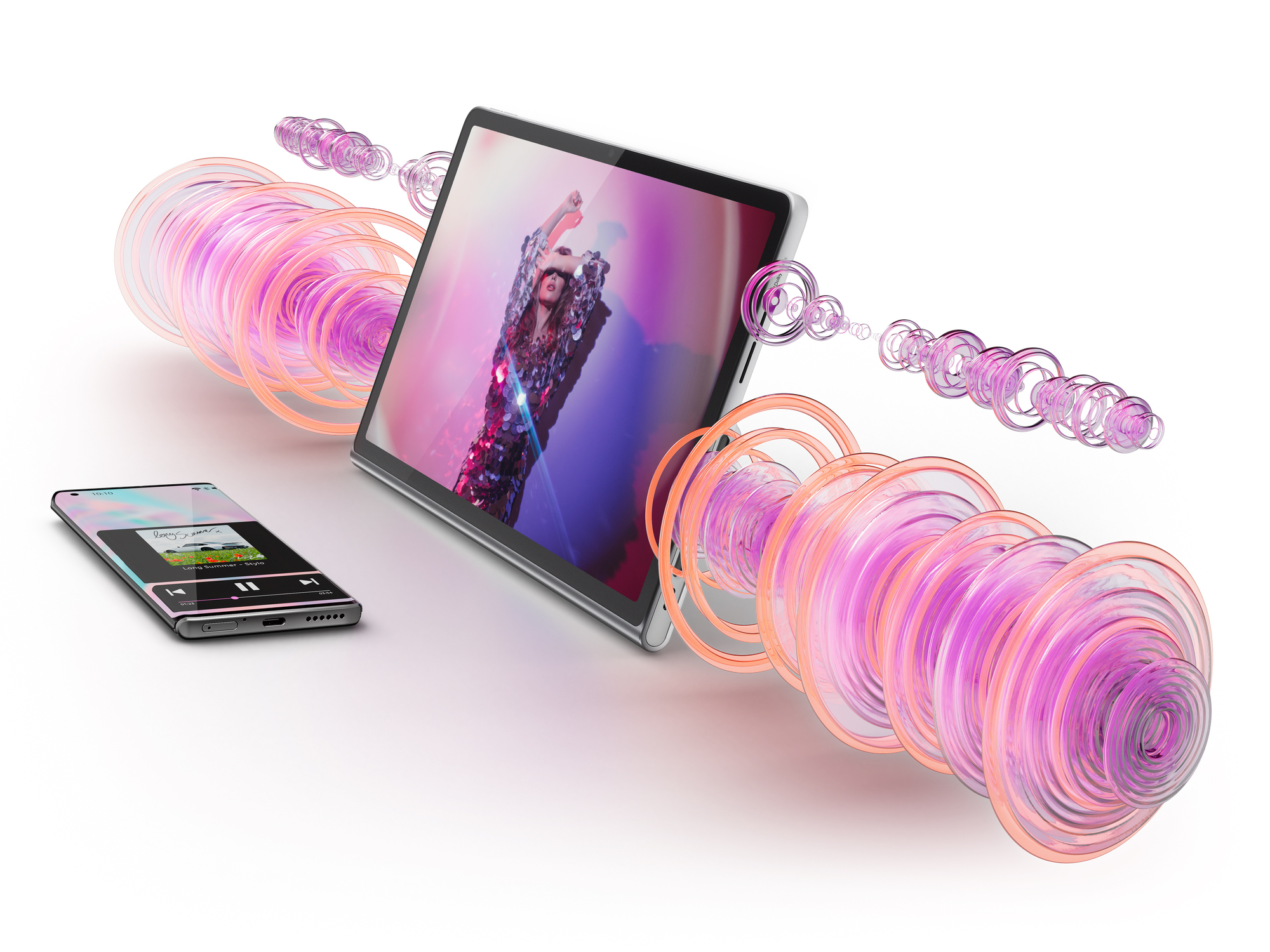 Tablet i telefon ze smugami światła. Kobieta na ekranie. Białe tło.