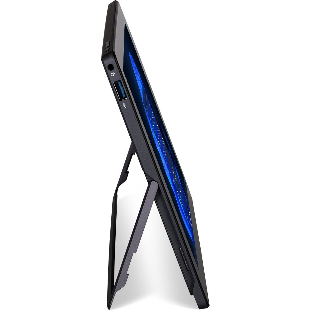 Czarny tablet na stojaku, pod kątem. Ma ciemnoniebieski ekran.