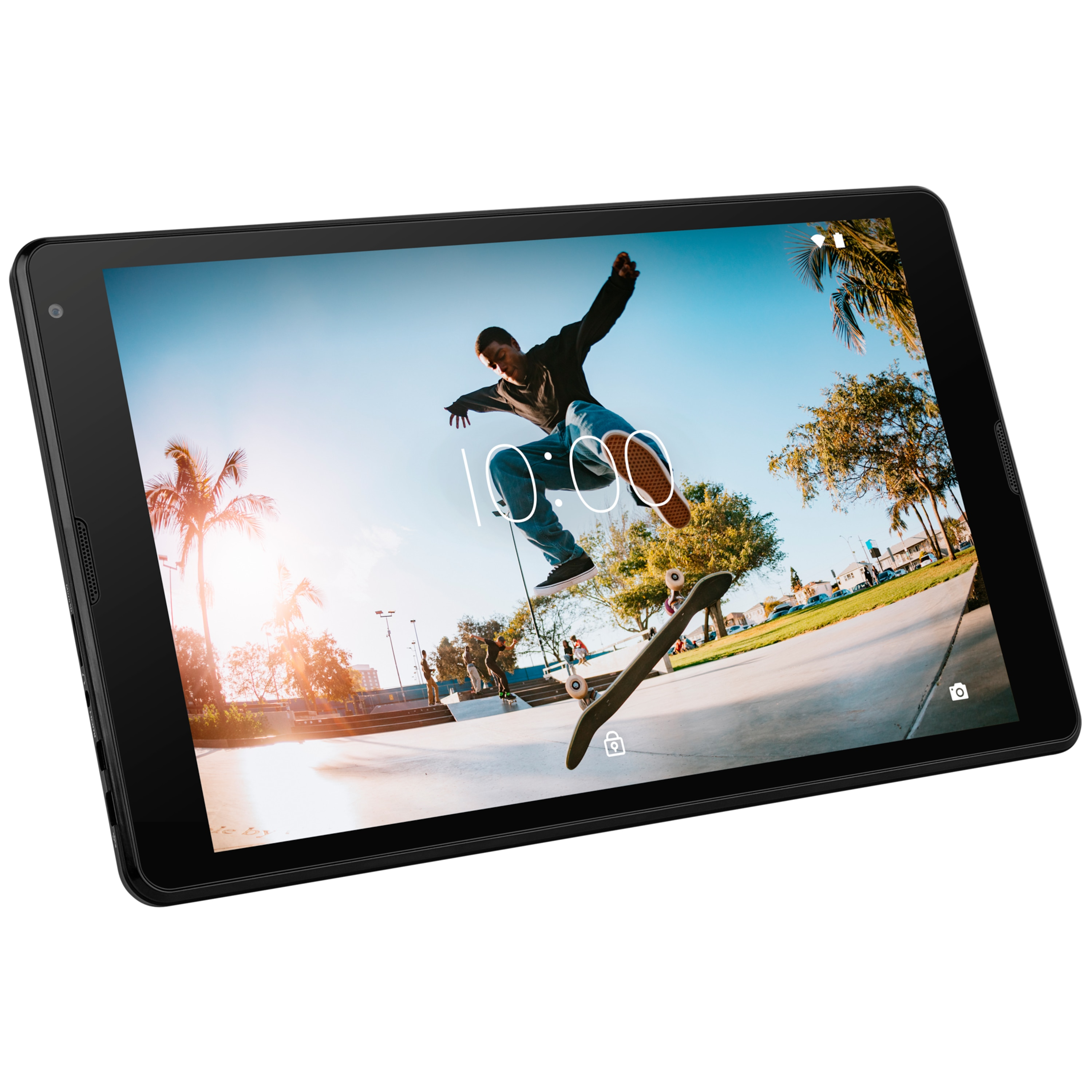 Tablet zeigt einen Skater beim Springen. Mann in der Luft, Skateboard. 10:00 auf dem Bildschirm.