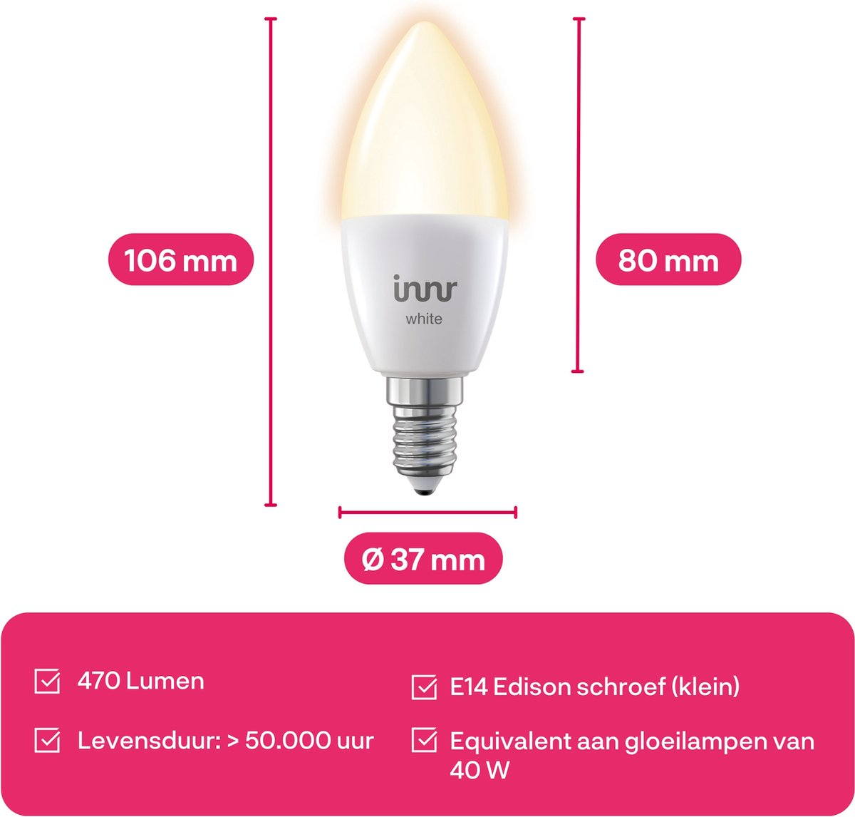 White LED lightbulb with measurements: 106mm height, 80mm diameter, and 37mm base diameter.