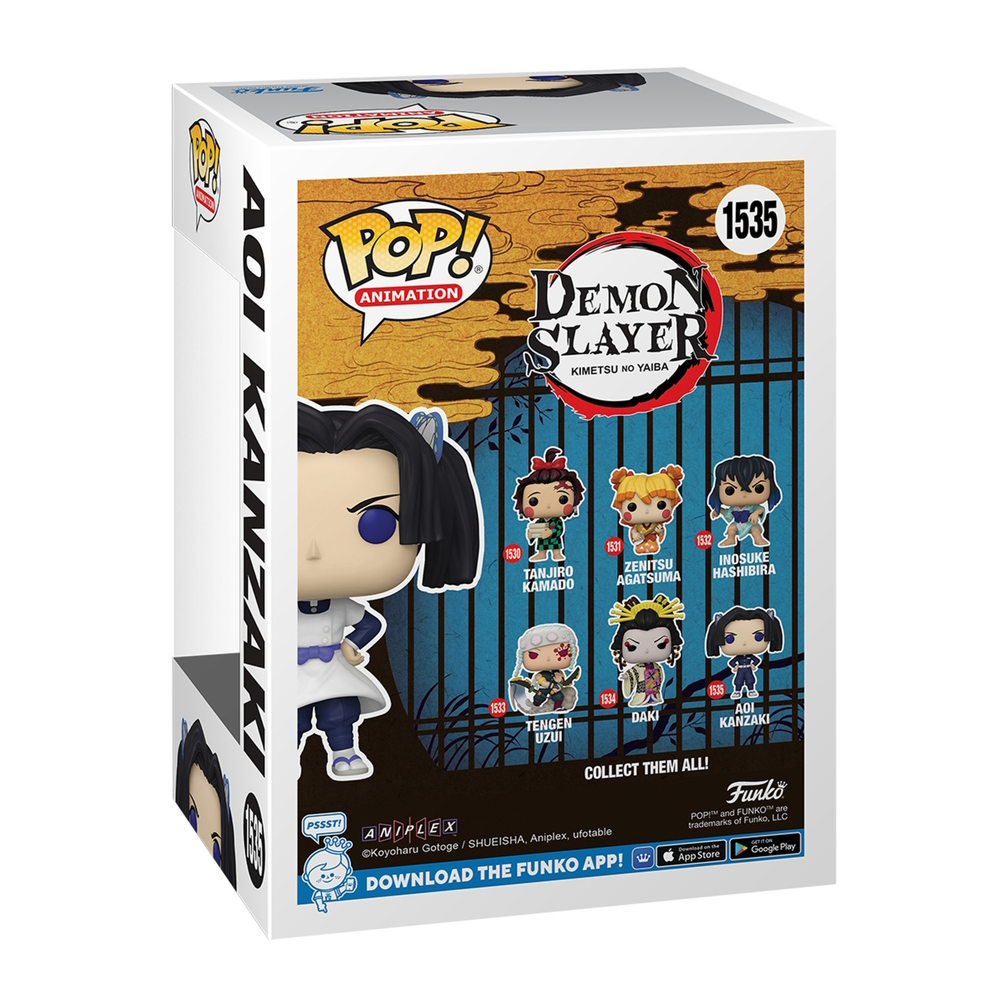 Pudełko Funko Pop!. Figurka Demon Slayer, Aoi Kanzaki, z przodu.