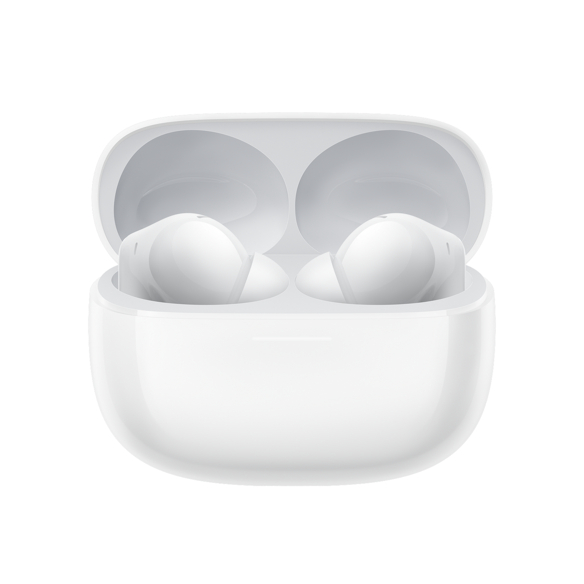 Białe bezprzewodowe słuchawki w białym etui ładującym, otwarte i gotowe do użycia, na czarnym tle.
