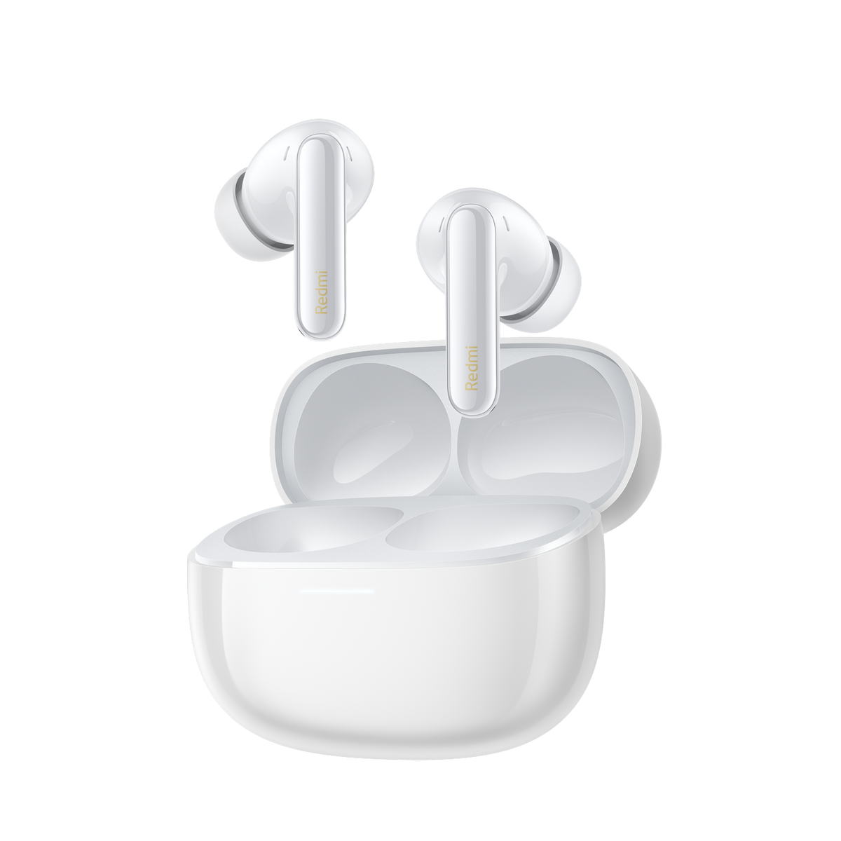 Białe słuchawki Redmi i etui ładujące na czarnym tle. Słuchawki w etui i poza nim.