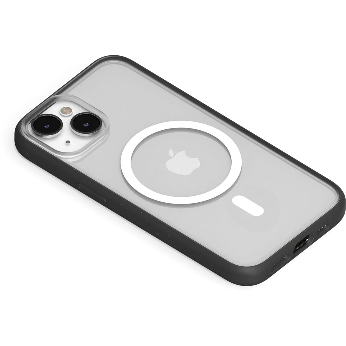 Transparente Handyhülle mit schwarzen Rändern, weißem Ring und Apple-Logo. Weißer Hintergrund.