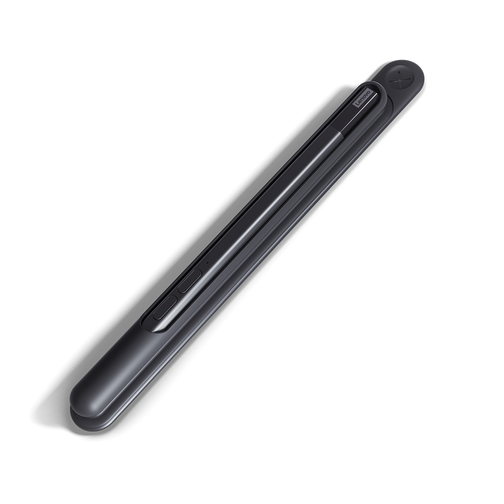 Schwarzer Lenovo-Stift mit Clip, liegt auf einer weißen Oberfläche, schräge Ansicht.