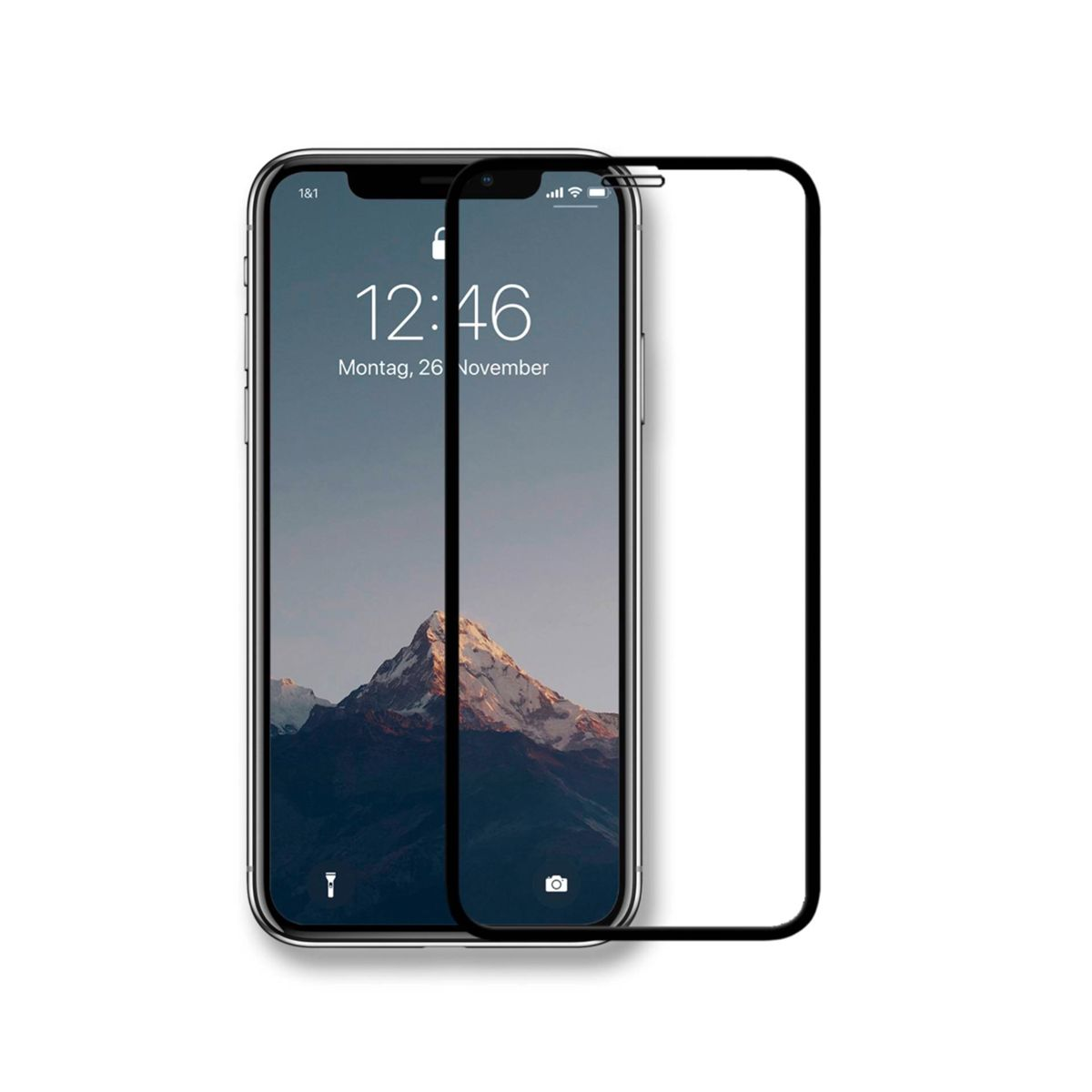 Telefono con protezione schermo, mostra l'ora e l'immagine di una montagna.