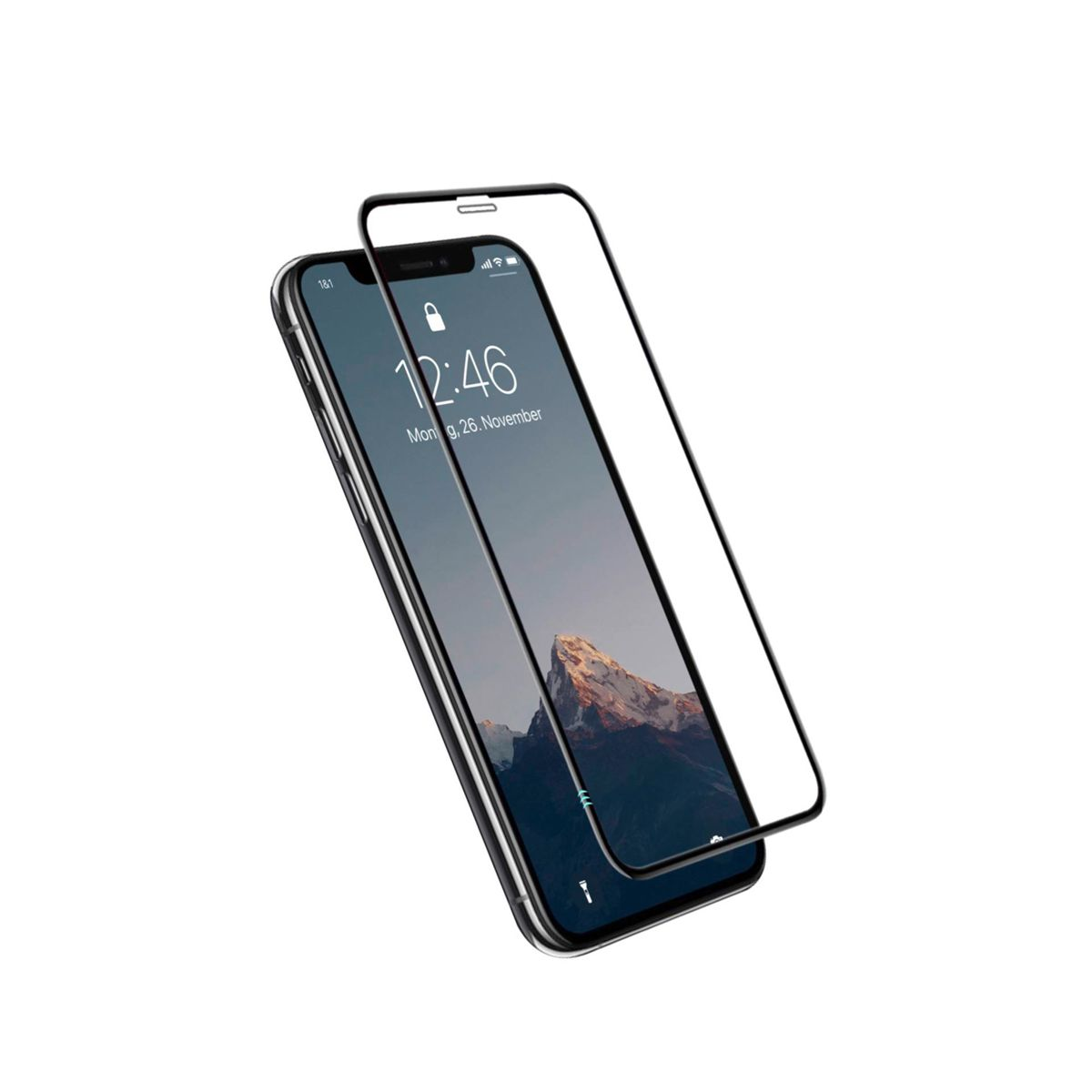 Telefono con protezione schermo. Mostra ora e sfondo montuoso.