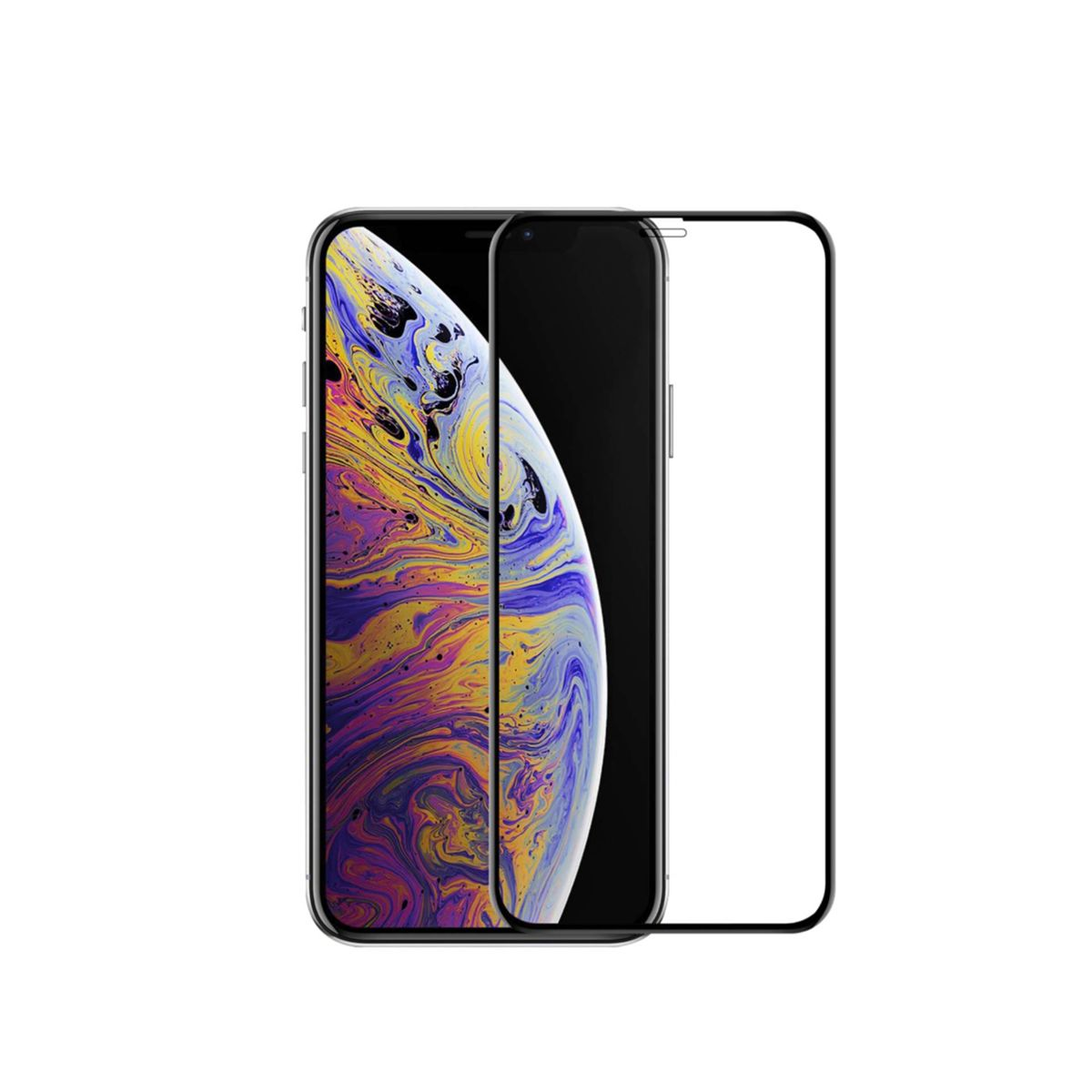 iPhone con protezione schermo. Lo schermo mostra uno sfondo colorato. La protezione è trasparente.