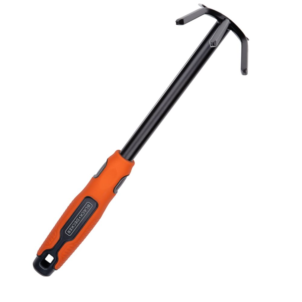 Zwart-oranje tuingereedschap met een handvat en een kop met twee tanden en een haak.