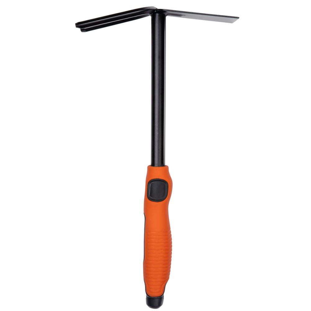 Een tuingereedschap met een T-vormige kop, oranje handvat en zwarte schacht.