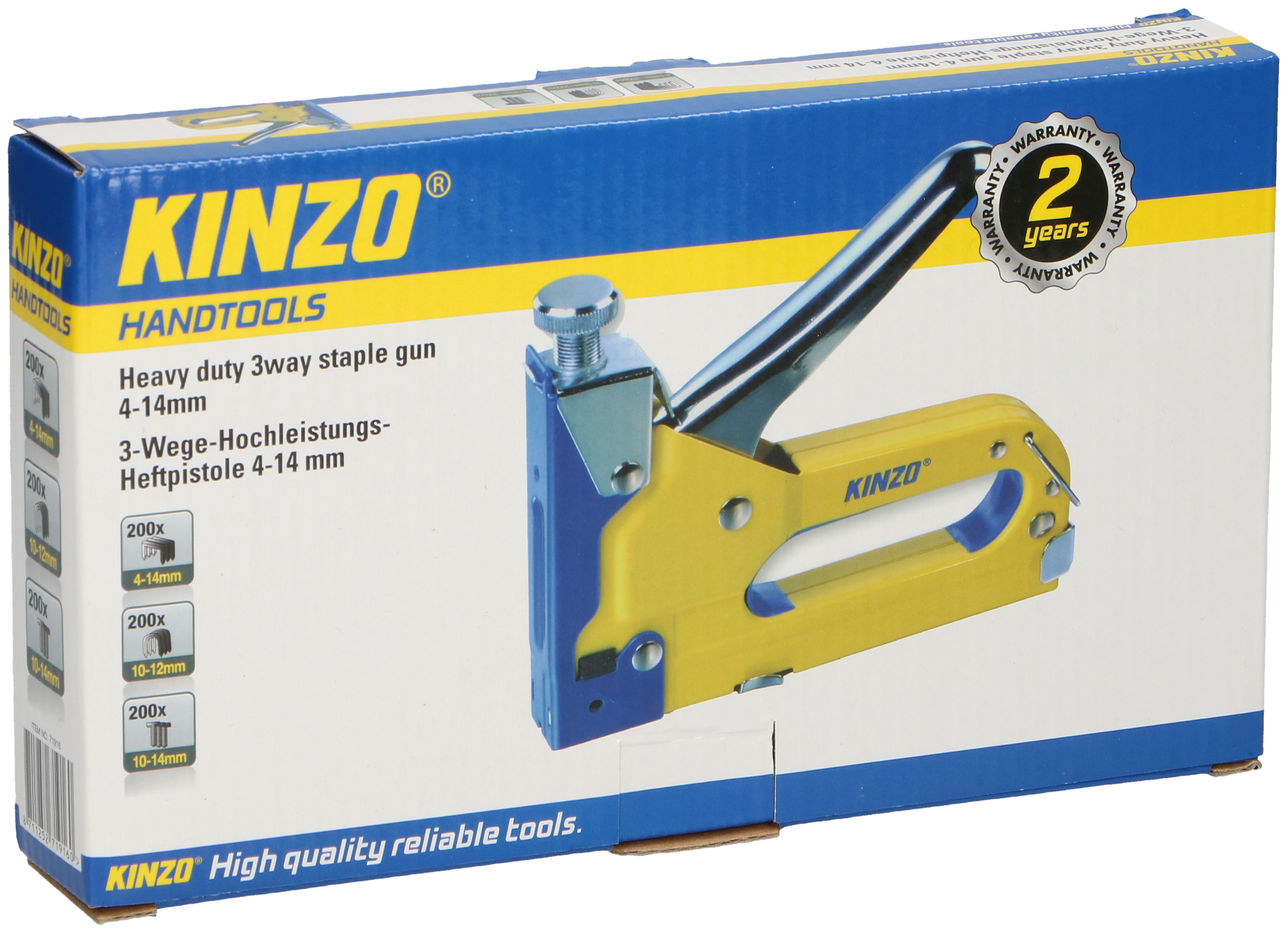 Een nietmachine in een doos. De doos heeft een Kinzo-logo en garantie-informatie.