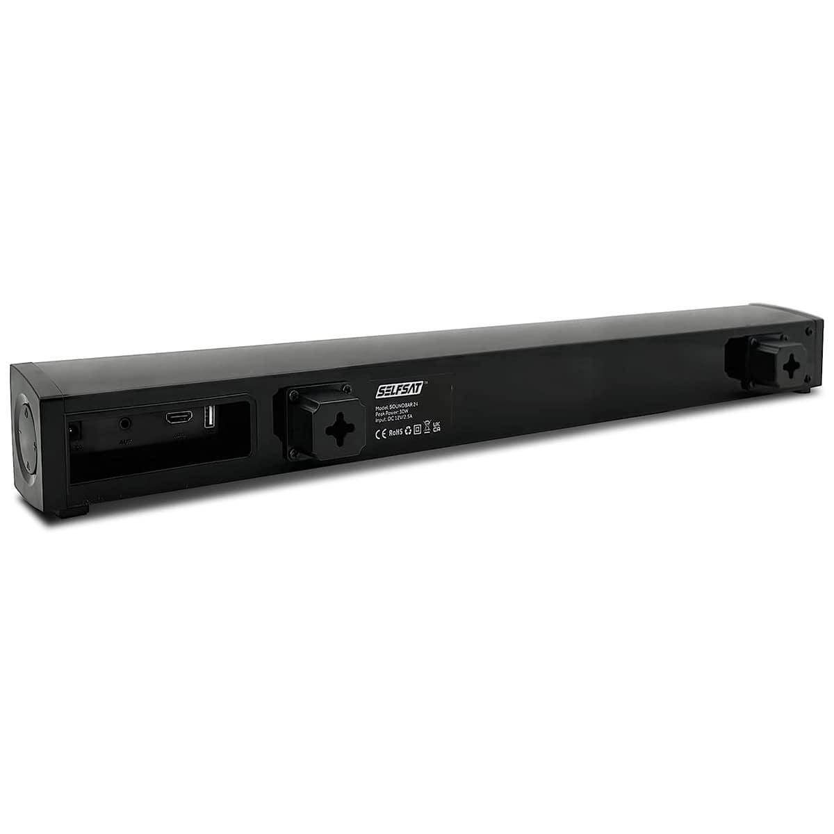 Schwarze Soundbar mit Anschlüssen und Branding auf weißem Hintergrund.