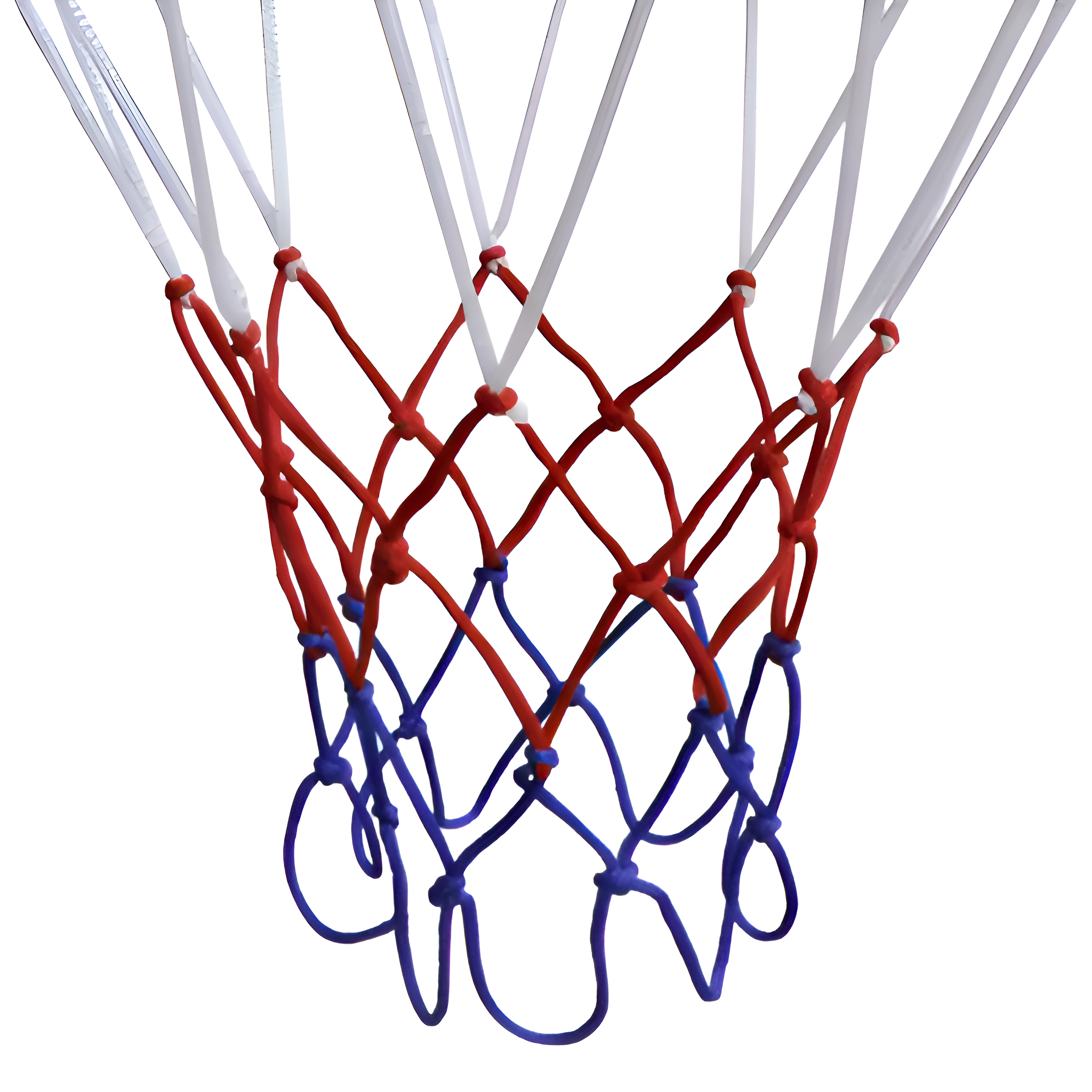 Ein Basketballkorbnetz mit roten, weißen und blauen Farben.