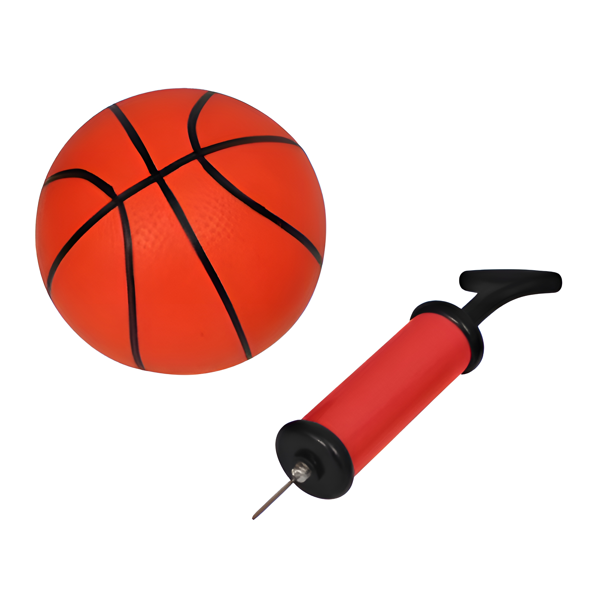 Oranger Basketball mit schwarzen Linien und eine rote Luftpumpe.