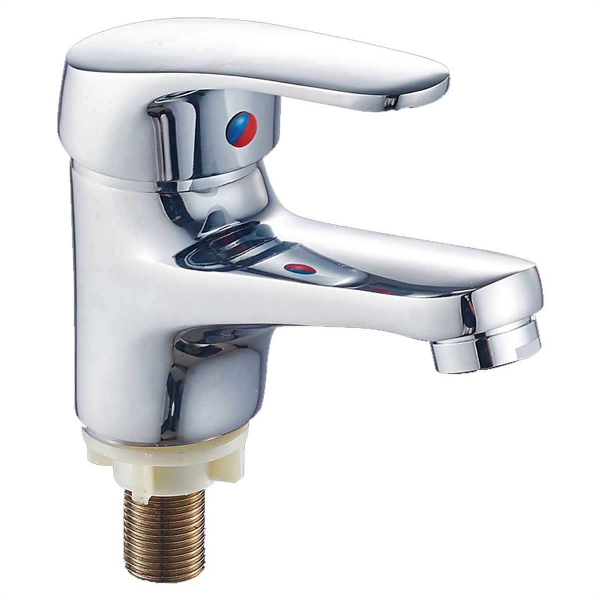 Chrom-Wasserhahn mit roten und blauen Anzeigen.