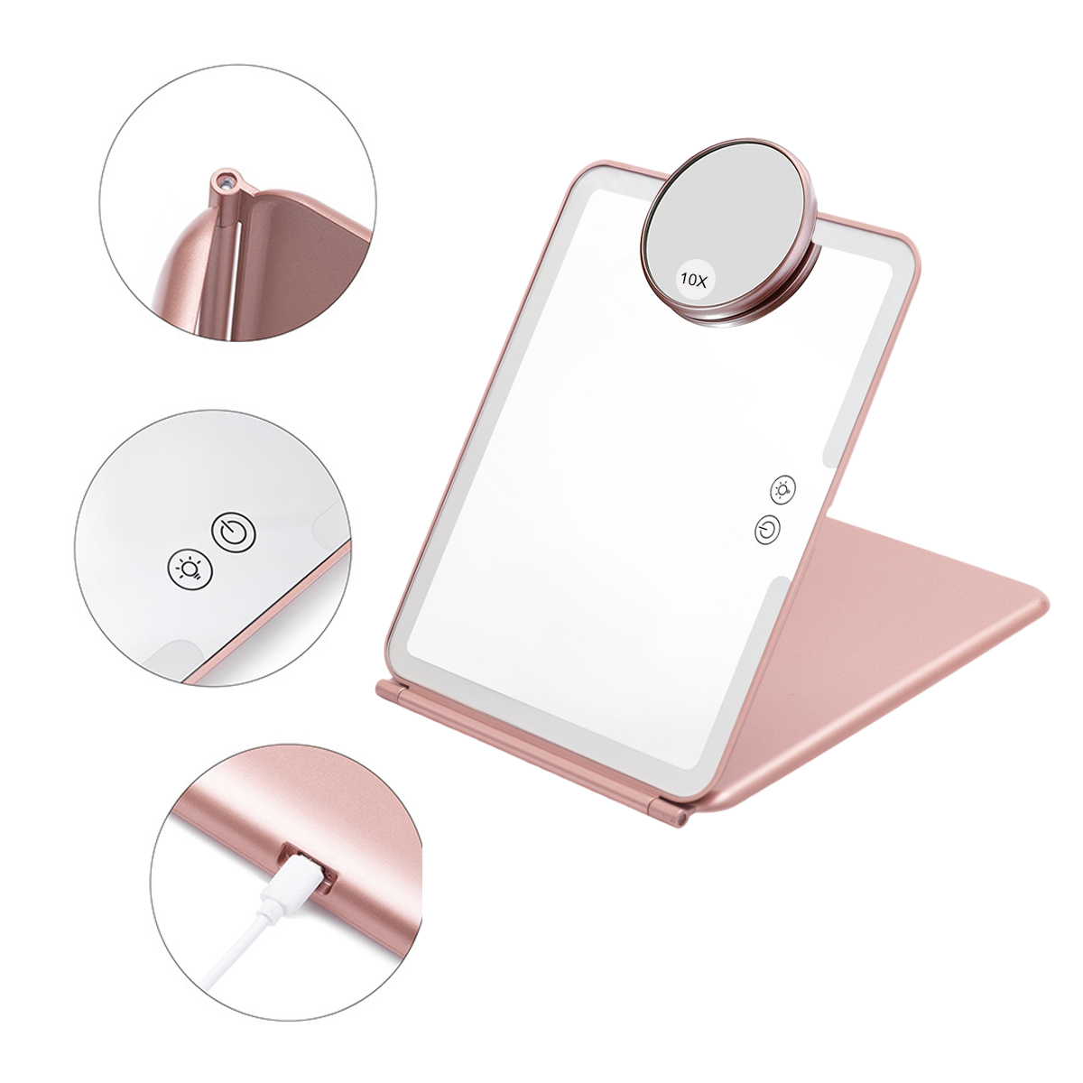 Roségoldener Schminkspiegel mit LED-Lichtern, kleinem Vergrößerungsspiegel und Ladeanschluss.
