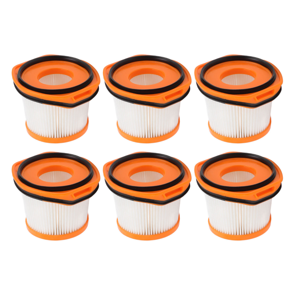 Sechs Staubsaugerfilter, orange und weiß, mit einem schwarzen Ring oben.