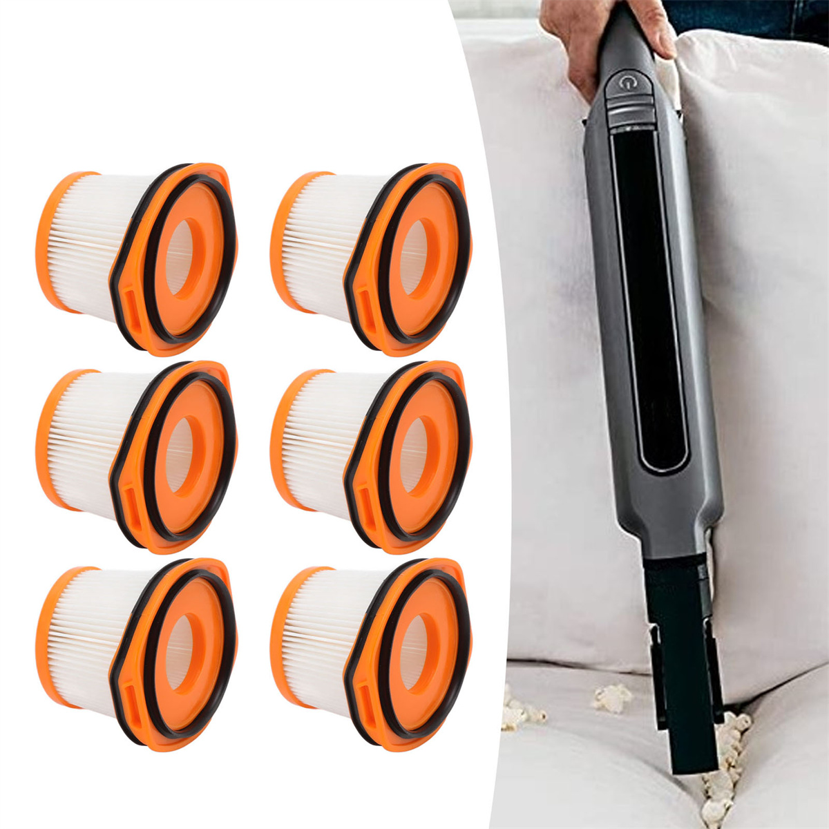 Sechs orange-weiße Staubsaugerfilter neben einem Staubsauger platziert.