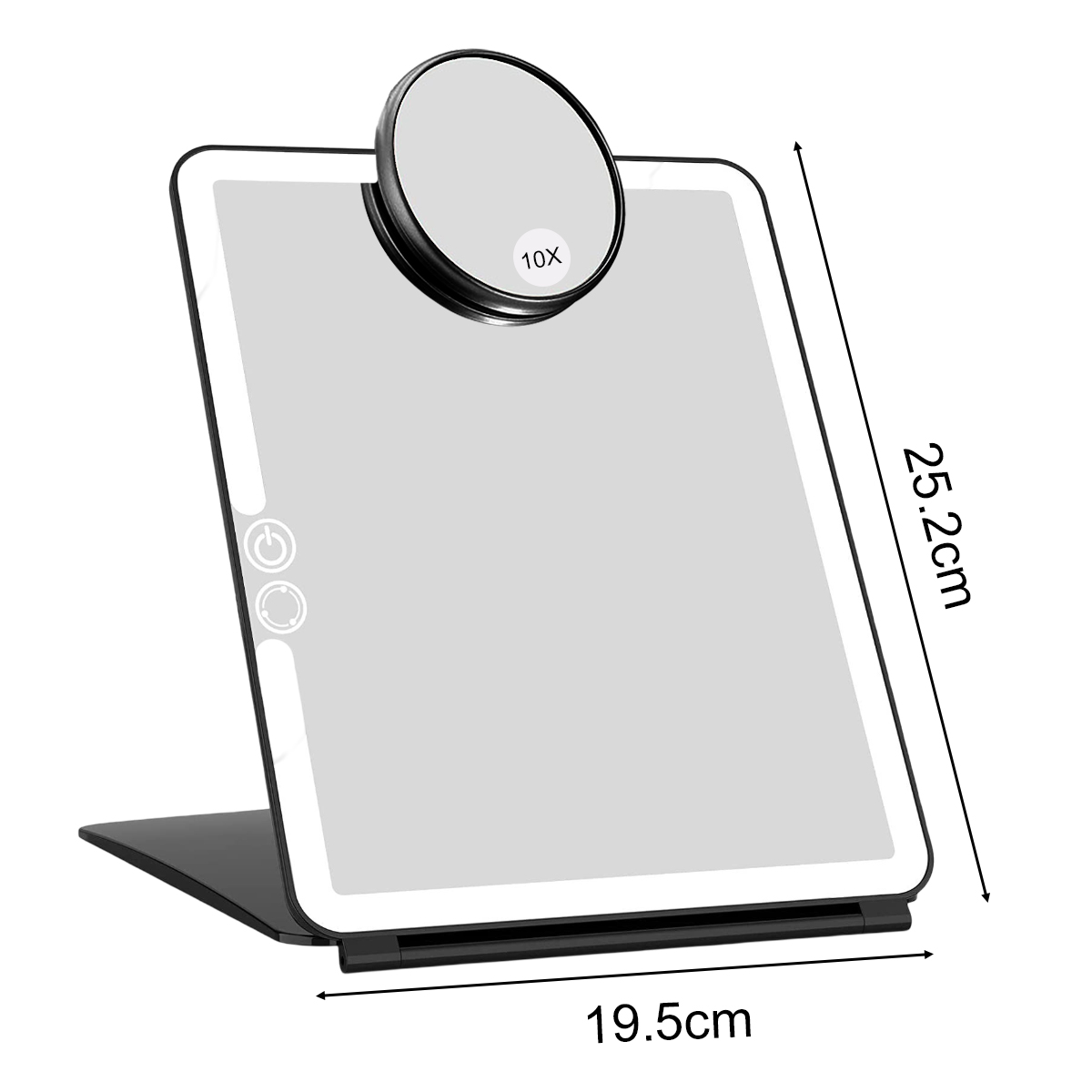 Schwarzer Klappspiegel mit den Maßen: 25,2 cm hoch, 19,5 cm breit.